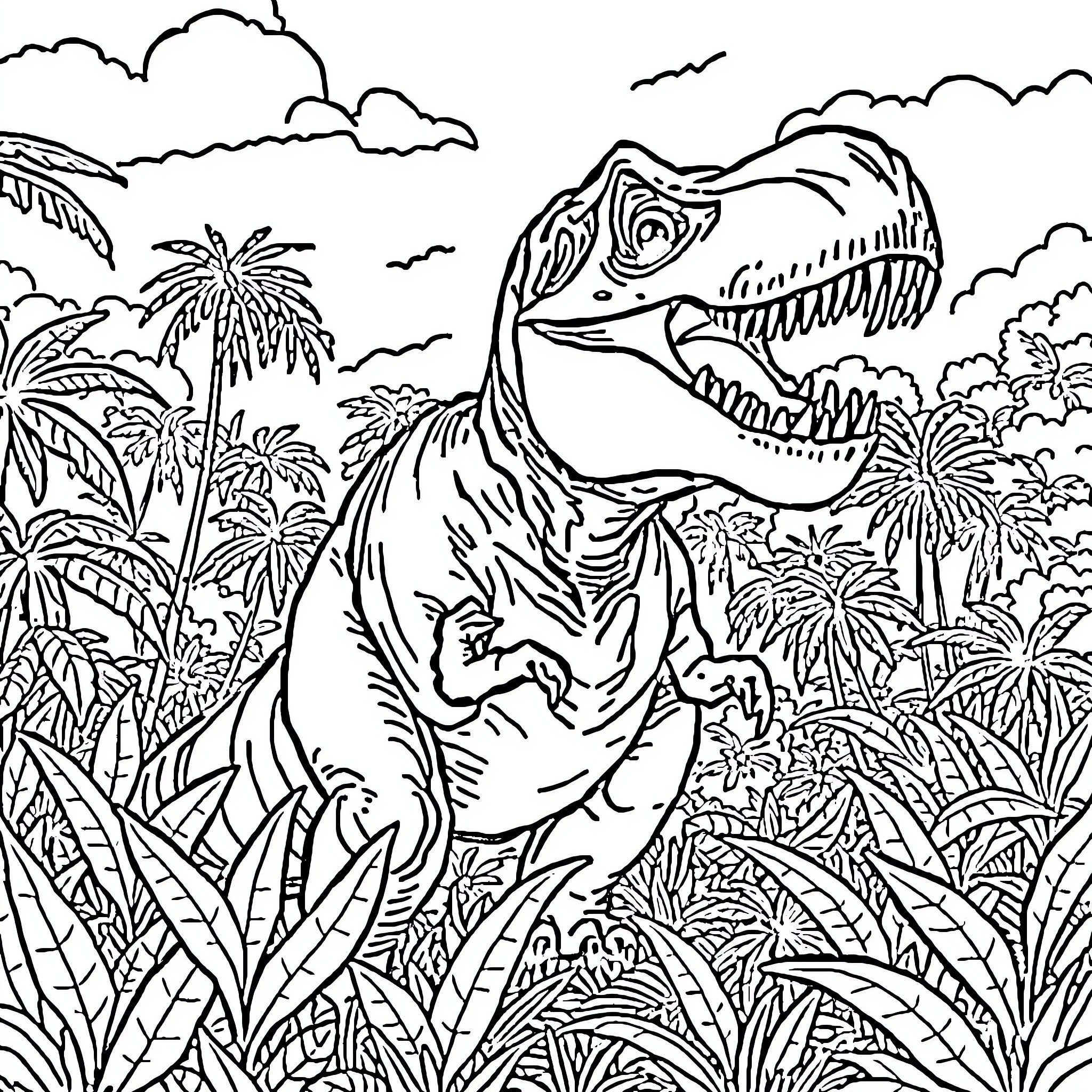 Dinosaur roaring in the prehistoric jungle Coloring Page (free black-and-white line drawing printable PDF for all, from beginners to advanced learners, including children, teens, adults, and seniors)