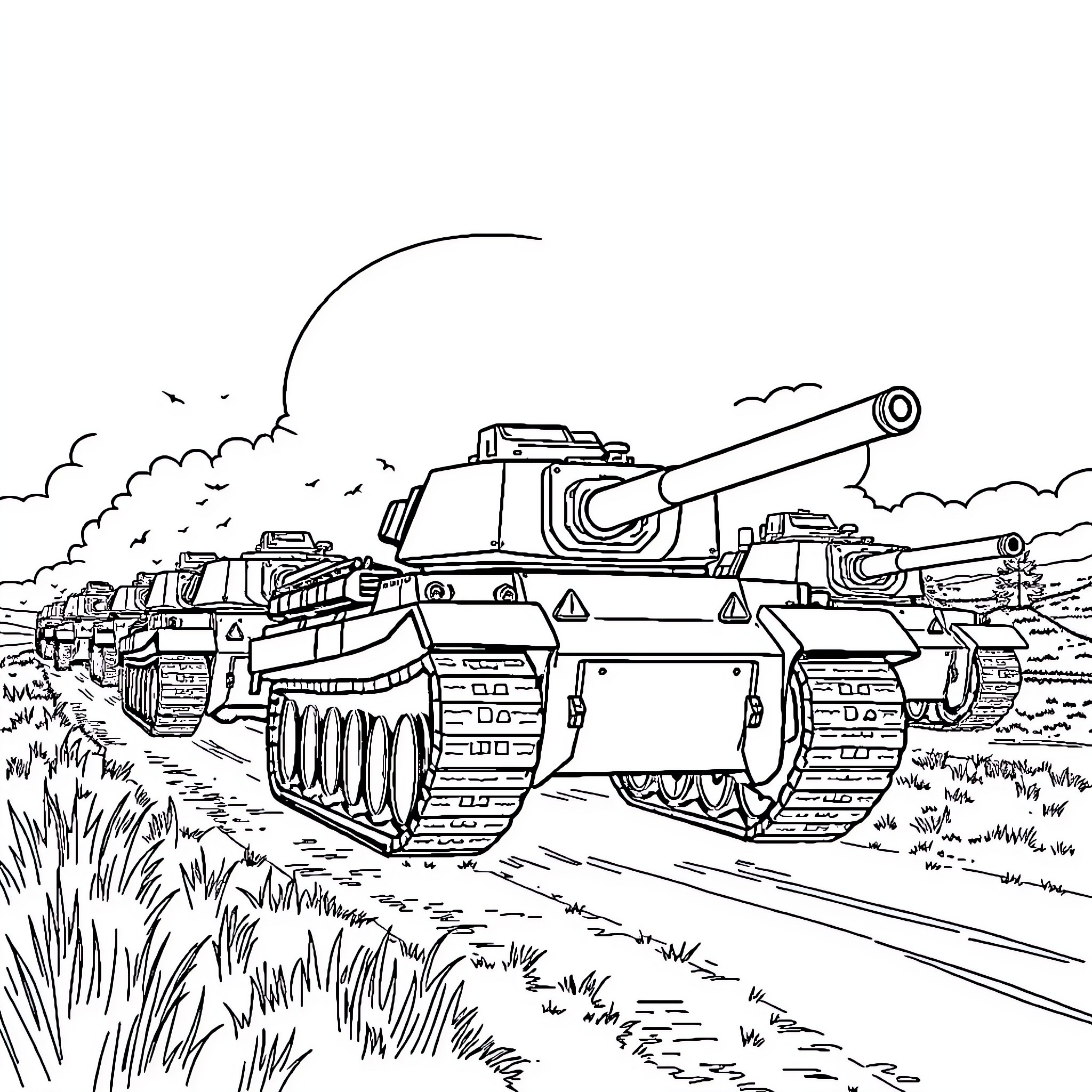 Tank Advancing Through Grassy Battlefield Coloring Page (free black-and-white line drawing printable PDF for all, from beginners to advanced learners, including children, teens, adults, and seniors)