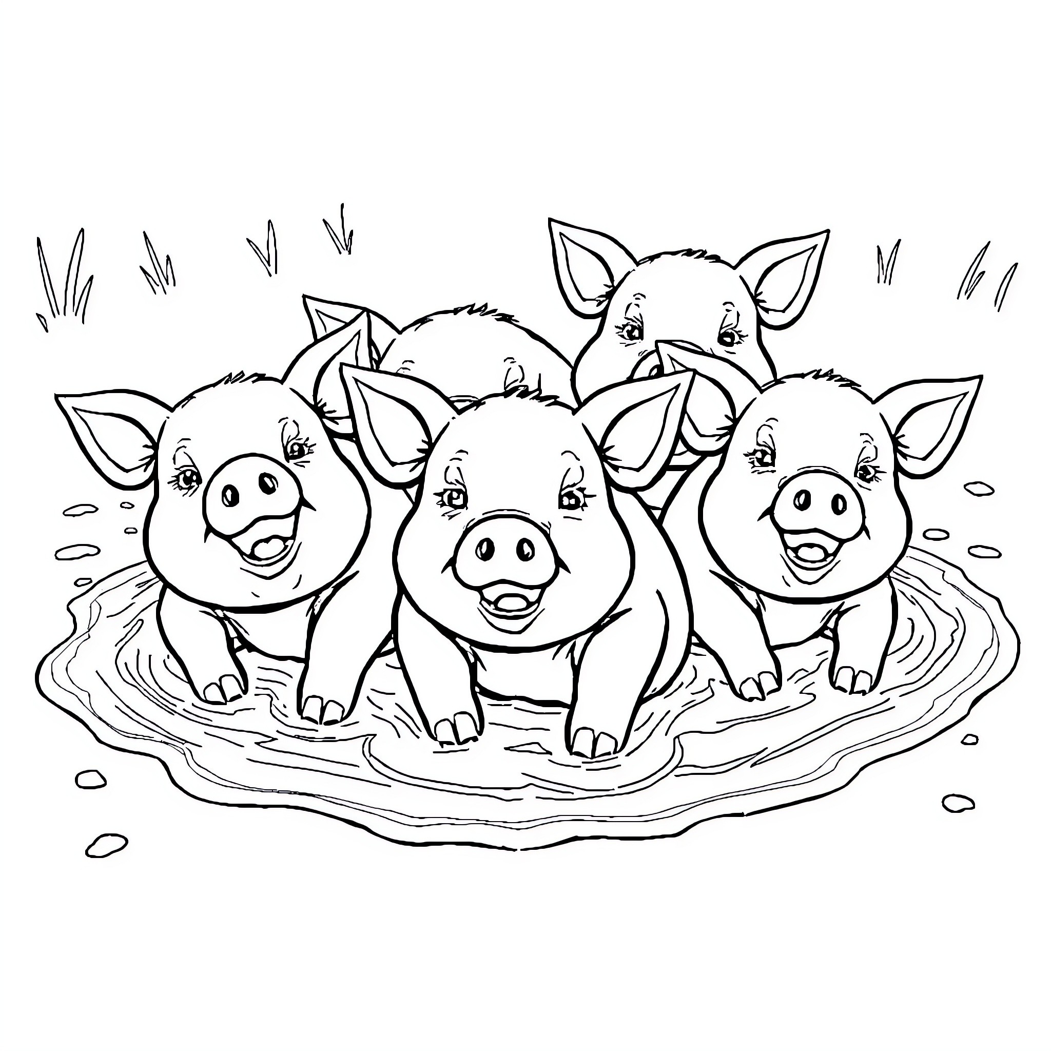 Pigs playing happily in the mud Coloring Page (free black-and-white line drawing printable PDF for all, from beginners to advanced learners, including children, teens, adults, and seniors)