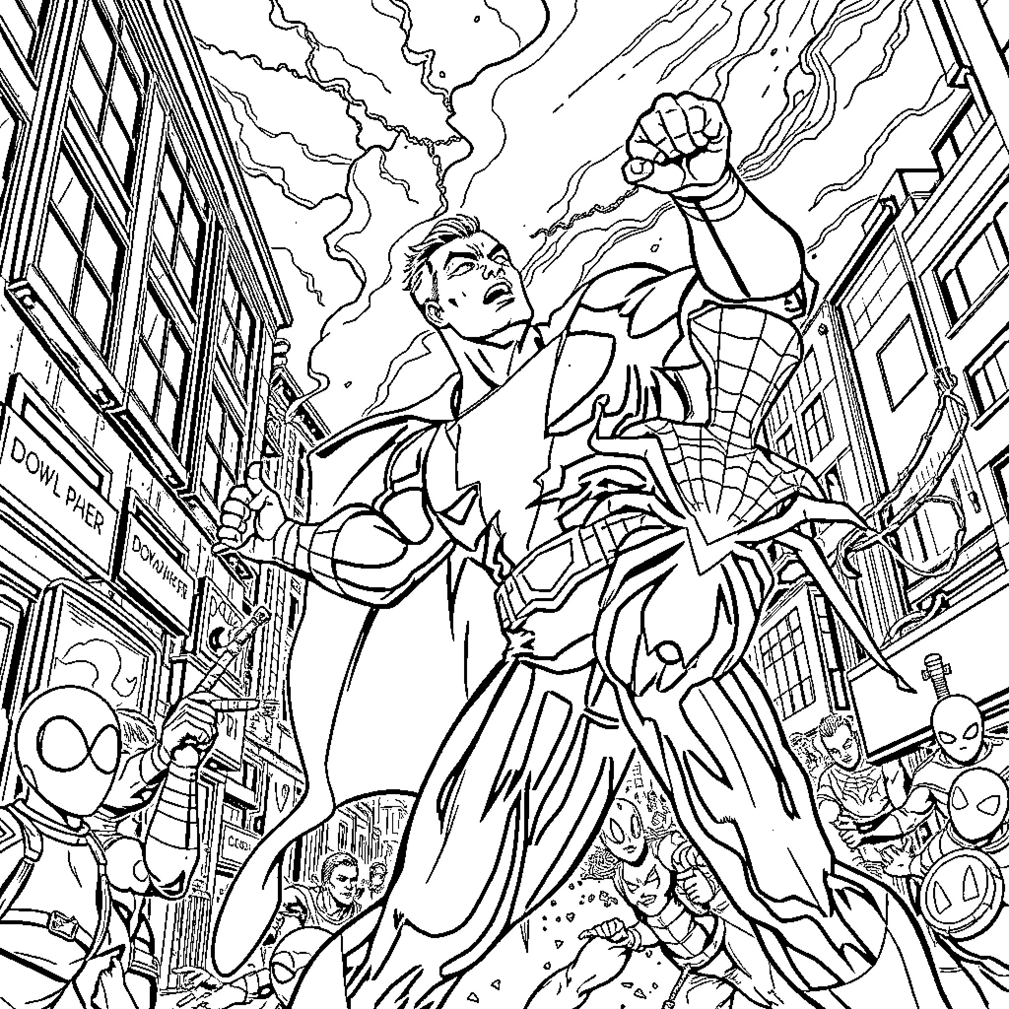 Shazam Superhero Saves the City from Chaos Coloring Page (free black-and-white line drawing printable PDF for all, from beginners to advanced learners, including children, teens, adults, and seniors)