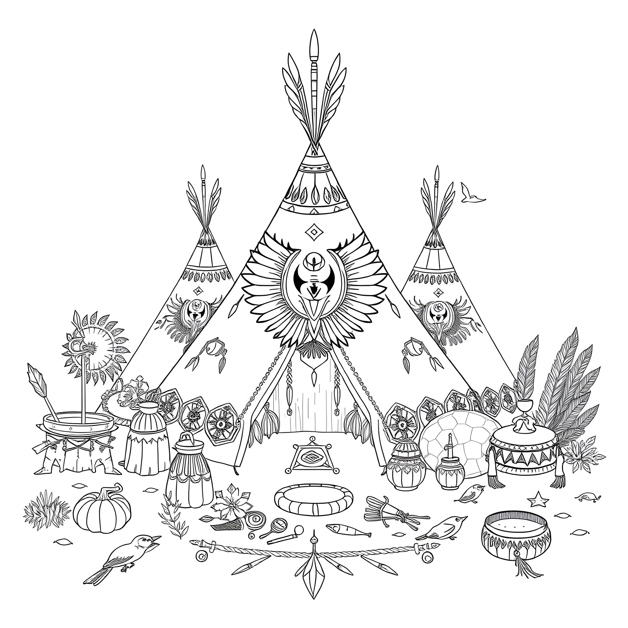 Thunderbird ceremonial gathering with tribal symbols and artifacts Coloring Page (free black-and-white line drawing printable PDF for all, from beginners to advanced learners, including children, teens, adults, and seniors)