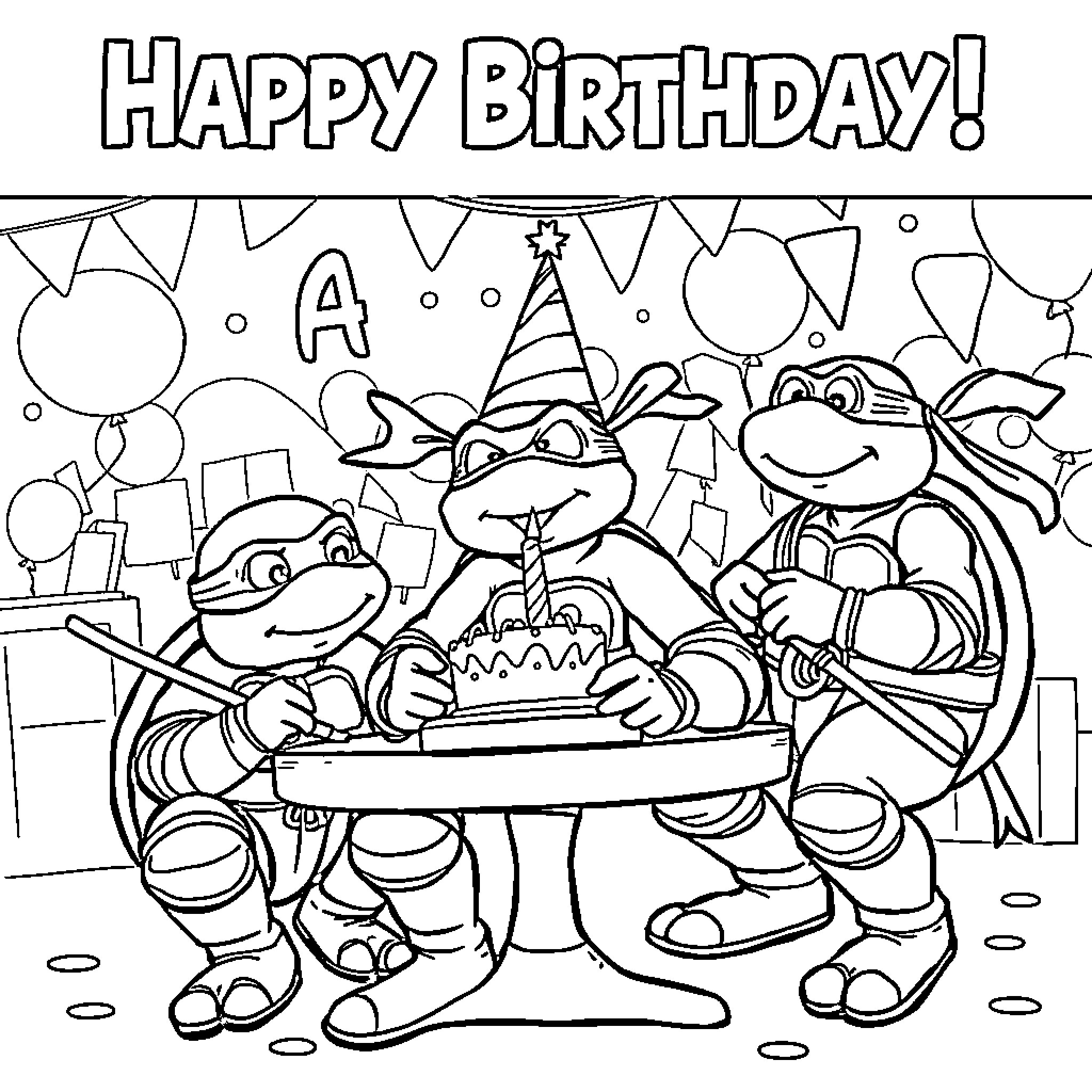 Teenage Mutant Ninja Turtles celebrating a happy birthday party Coloring Page (free black-and-white line drawing printable PDF for all, from beginners to advanced learners, including children, teens, adults, and seniors)