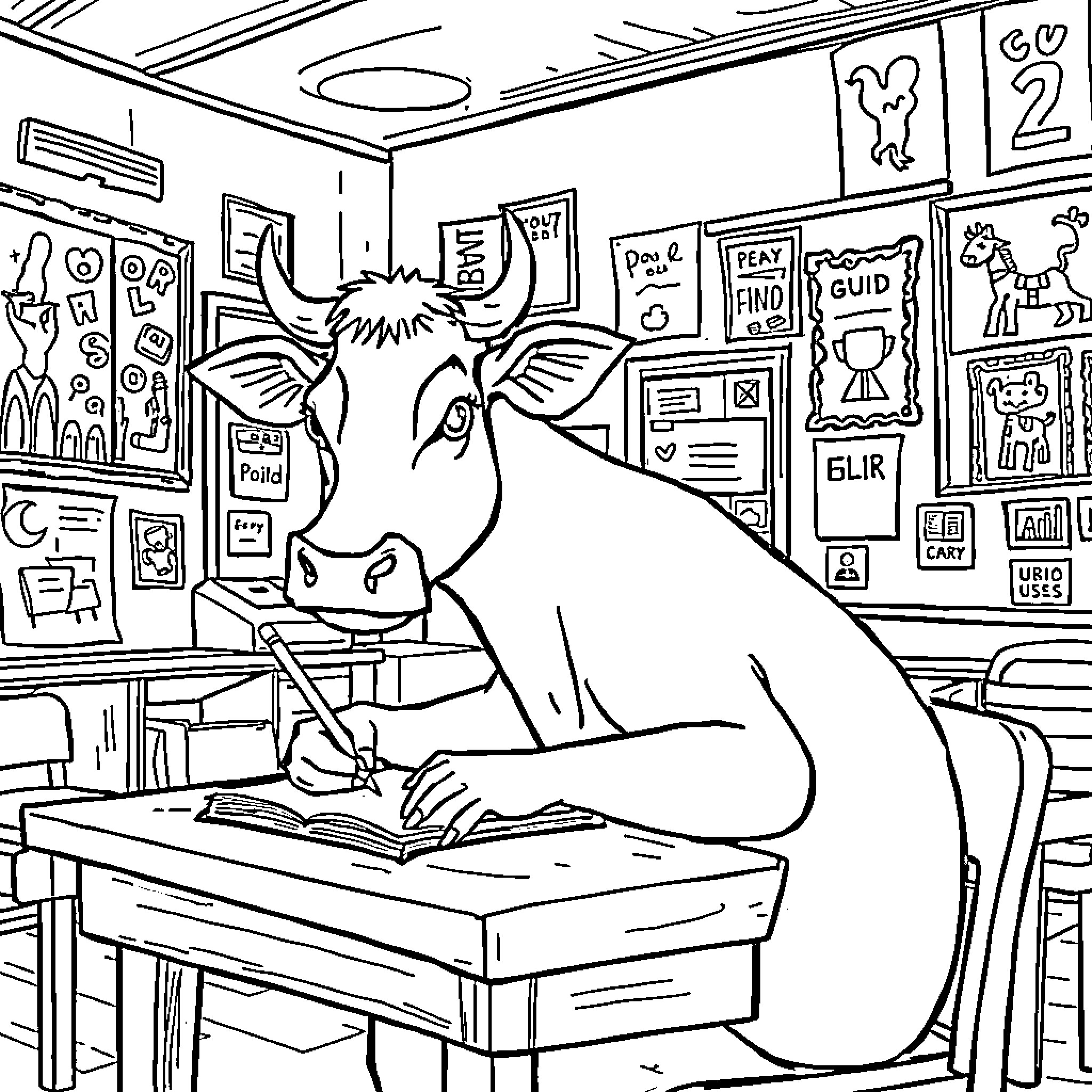 Cow working diligently at a desk in a classroom Coloring Page (free black-and-white line drawing printable PDF for all, from beginners to advanced learners, including children, teens, adults, and seniors)