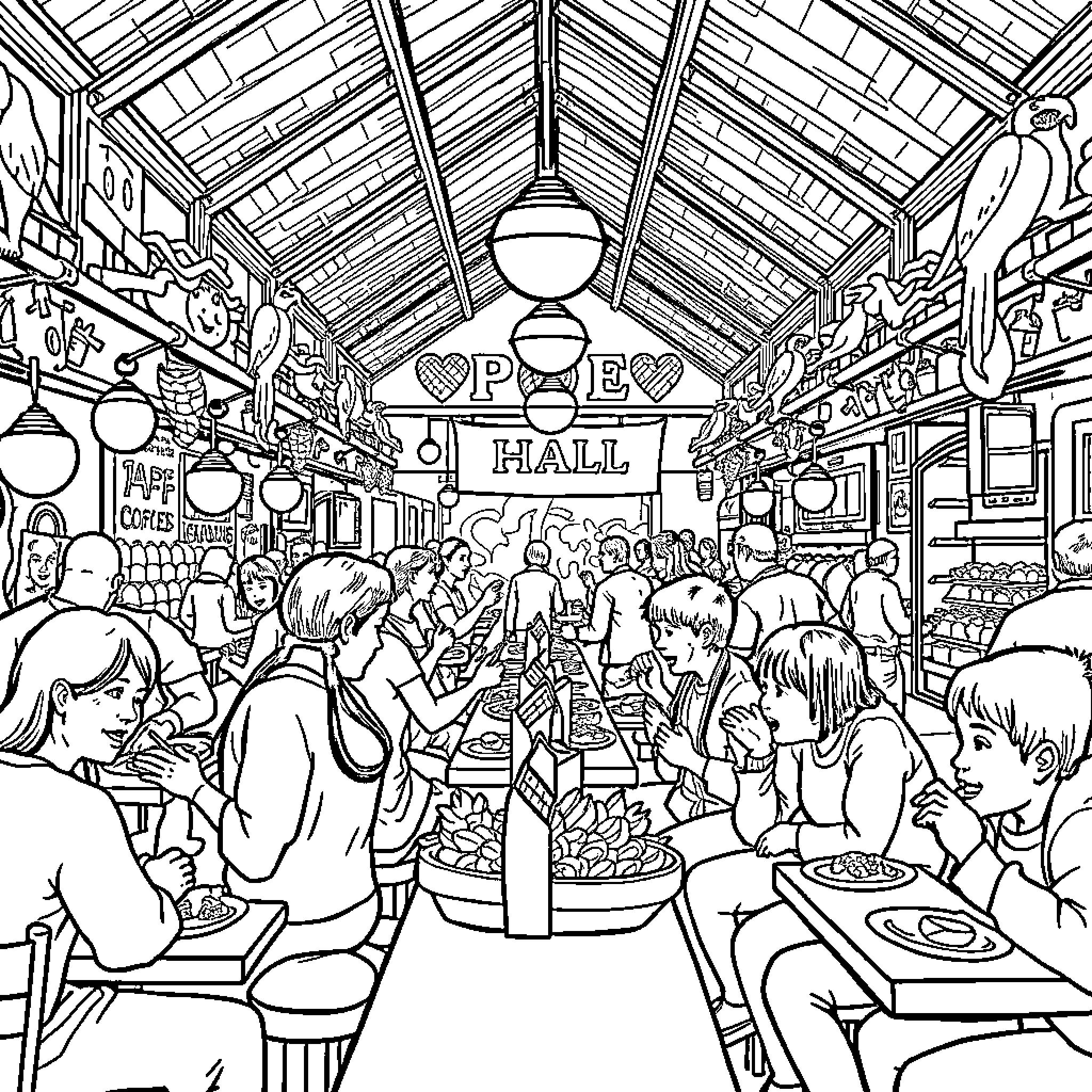 Family enjoying bustling market scene together Coloring Page (free black-and-white line drawing printable PDF for all, from beginners to advanced learners, including children, teens, adults, and seniors)