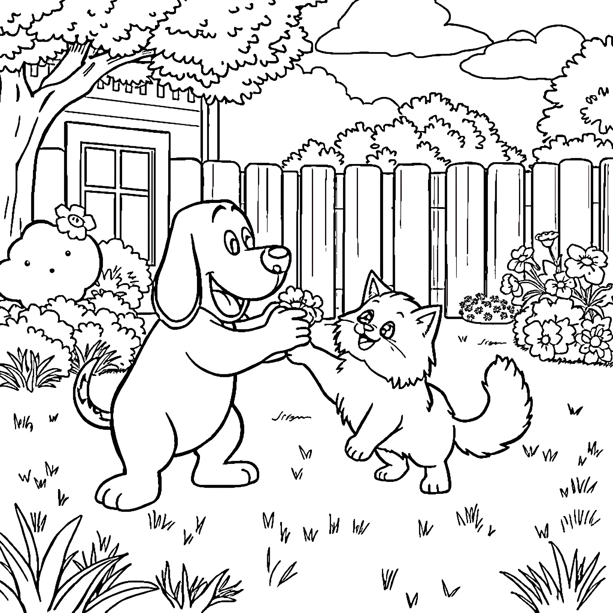 Lilo's Backyard Adventure with Playful Pets Coloring Page (free black-and-white line drawing printable PDF for all, from beginners to advanced learners, including children, teens, adults, and seniors)