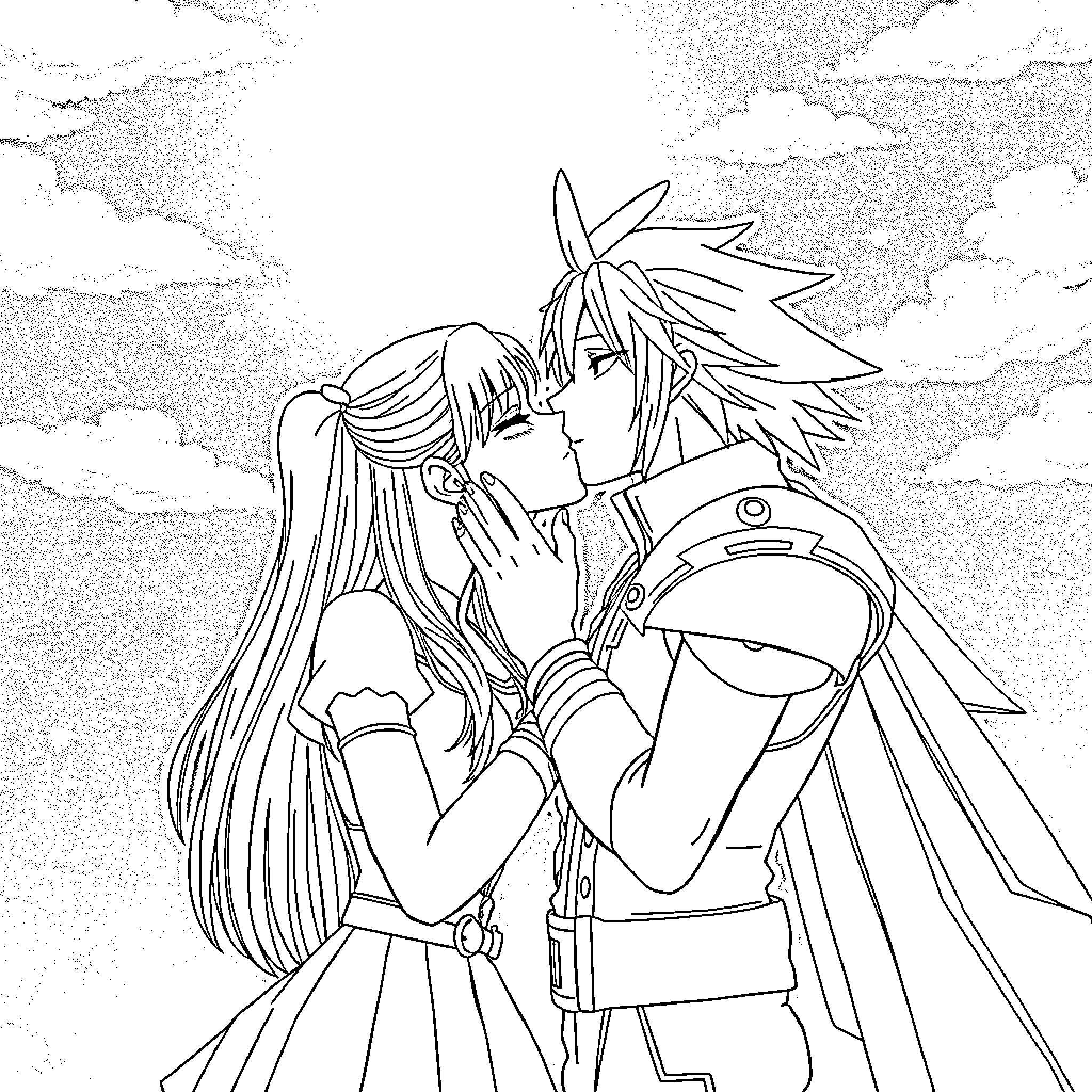 Tifa and Cloud's Tender Embrace Coloring Page (free black-and-white line drawing printable PDF for all, from beginners to advanced learners, including children, teens, adults, and seniors)