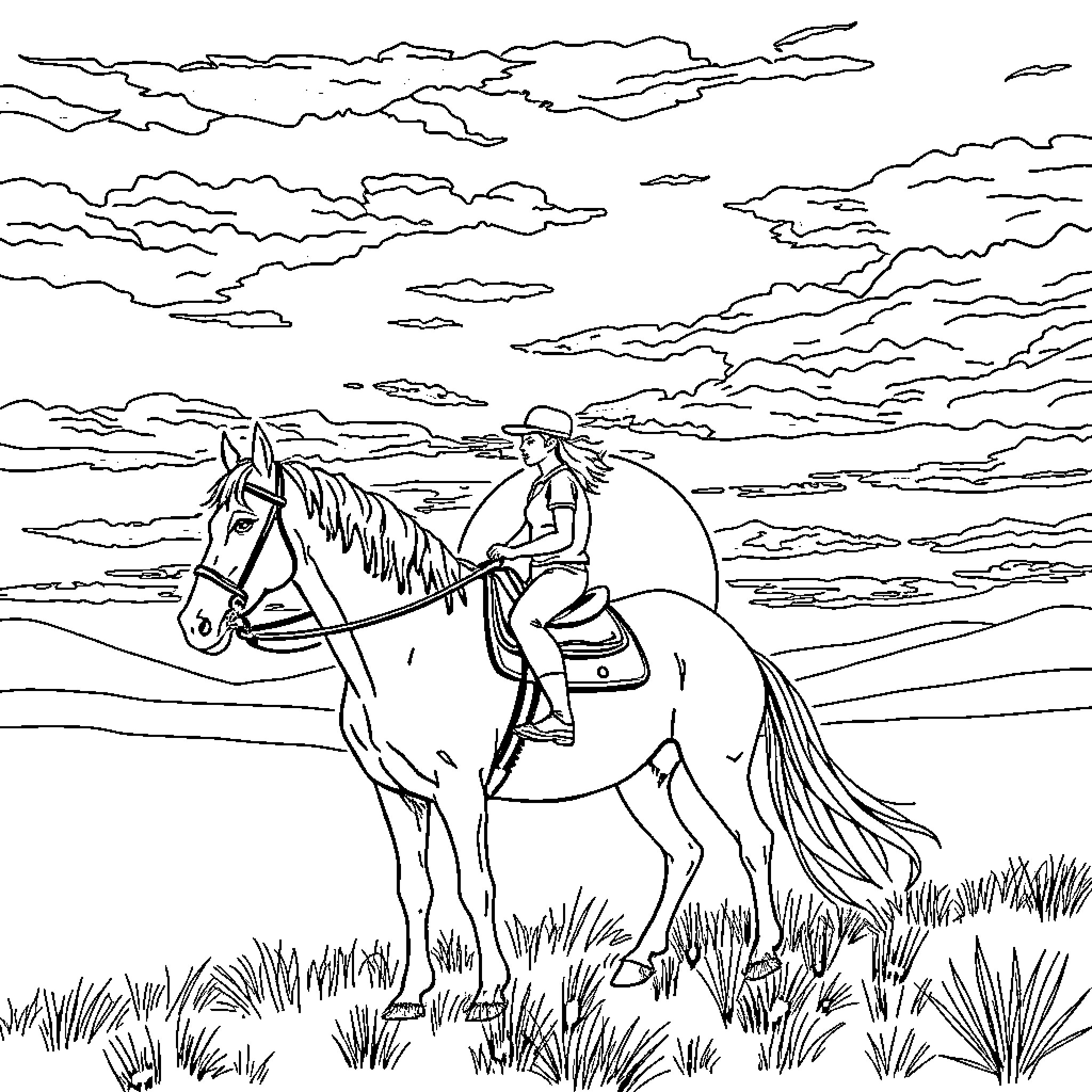 Horse Rider Traversing Scenic Landscape Coloring Page (free black-and-white line drawing printable PDF for all, from beginners to advanced learners, including children, teens, adults, and seniors)