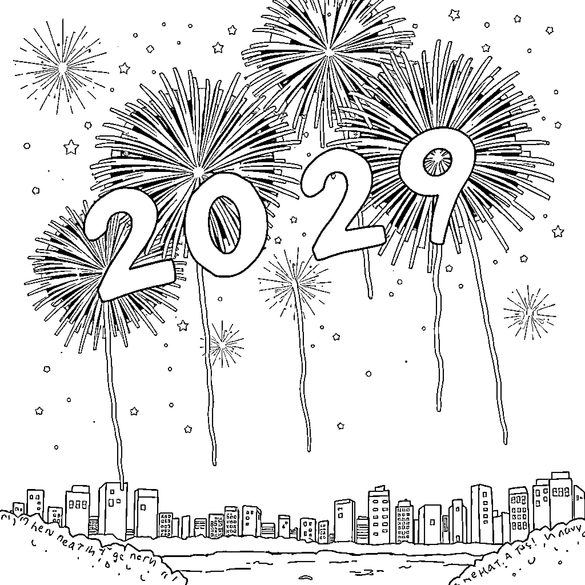 New Year Fireworks Celebration Over the City Coloring Page (free black-and-white line drawing printable PDF for all, from beginners to advanced learners, including children, teens, adults, and seniors)