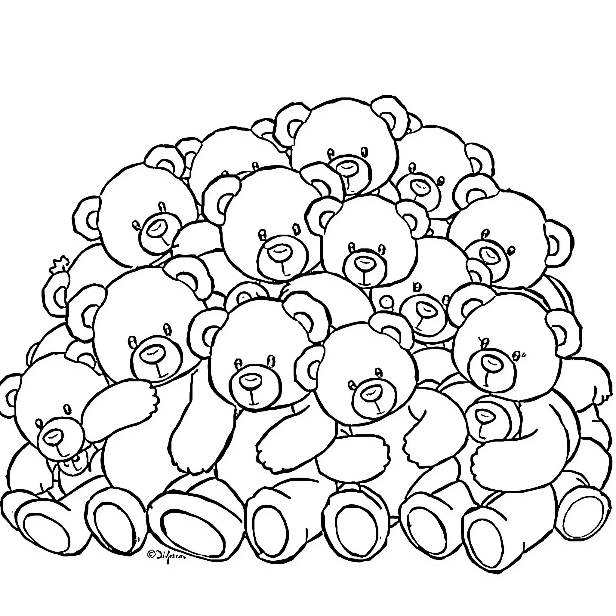 Teddy Bears Huddled Together in a Cozy Embrace Coloring Page (free black-and-white line drawing printable PDF for all, from beginners to advanced learners, including children, teens, adults, and seniors)