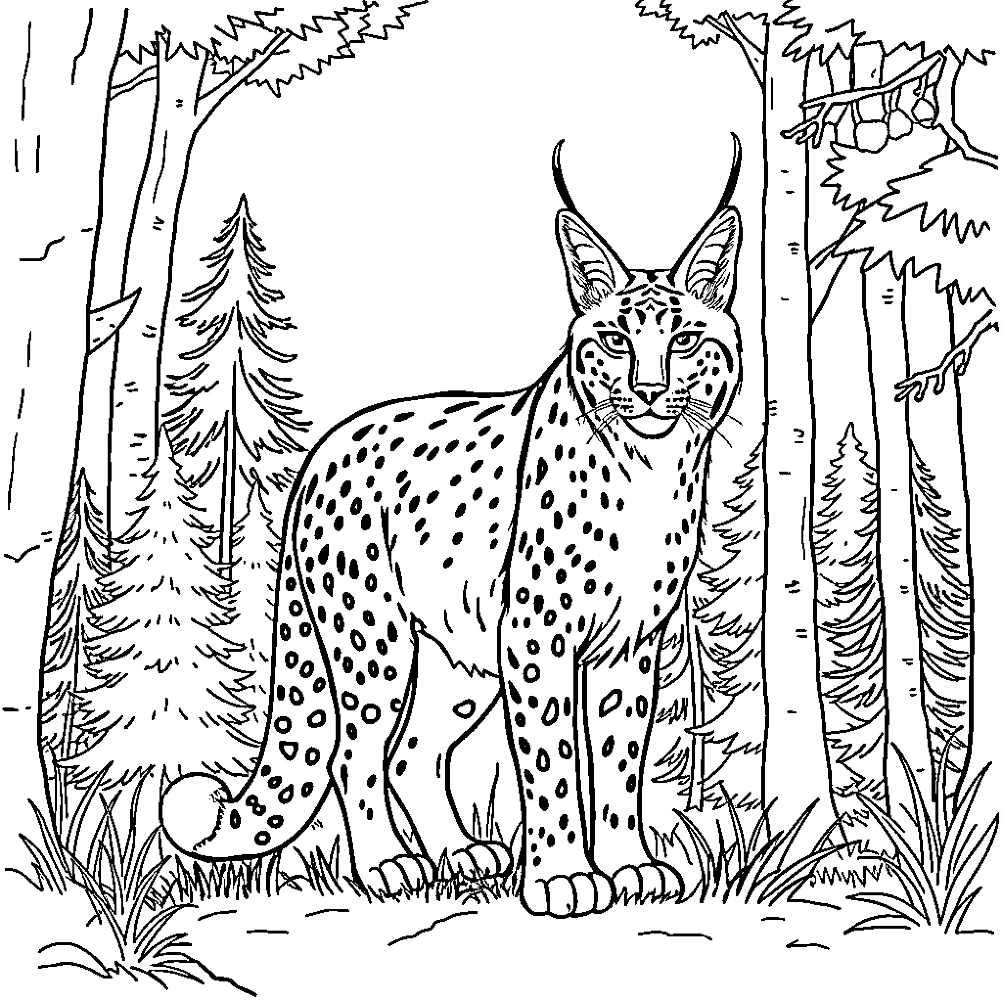 Lynx prowling through the wilderness Coloring Page (free black-and-white line drawing printable PDF for all, from beginners to advanced learners, including children, teens, adults, and seniors)