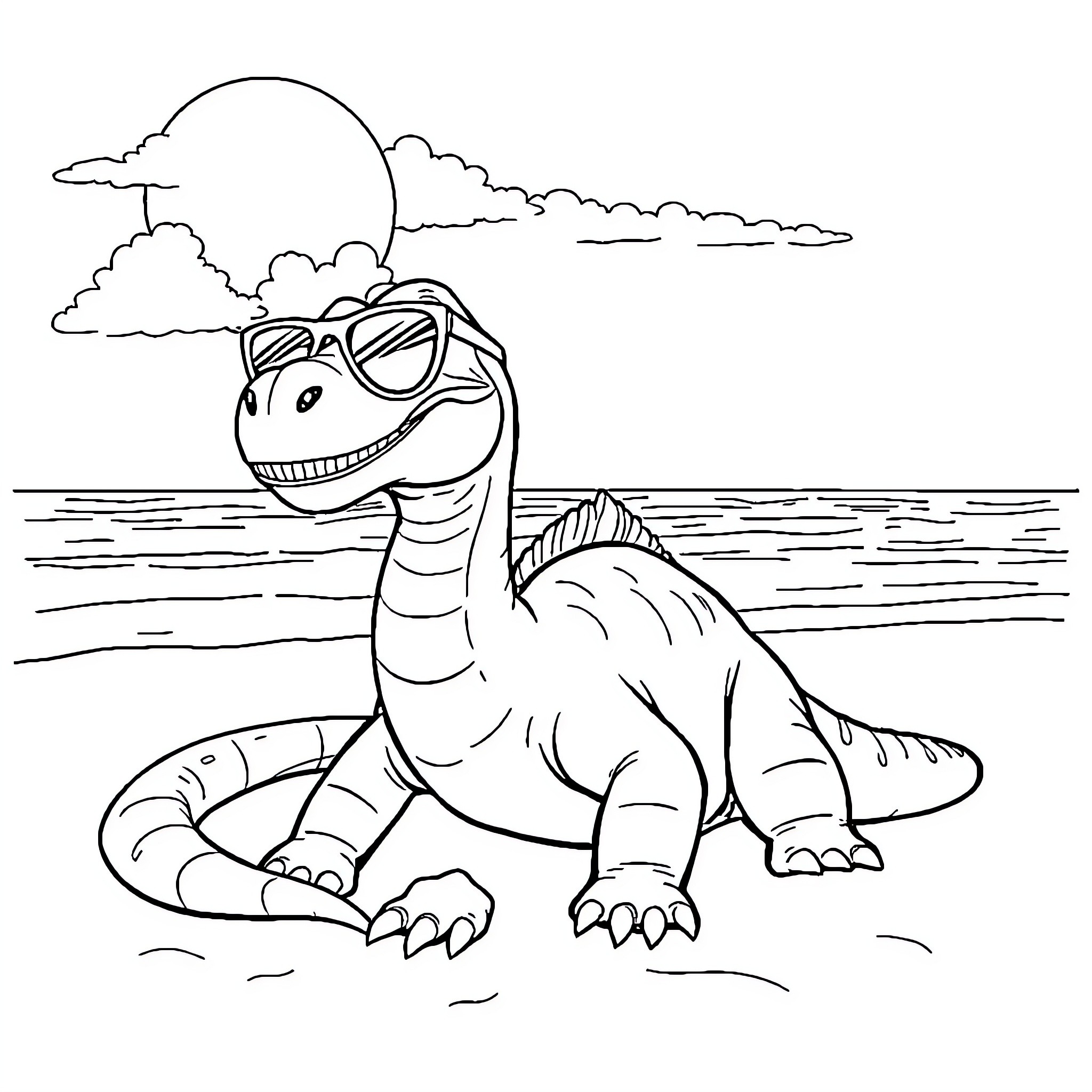 Diplodocus in the ocean enjoying the day Coloring Page (free black-and-white line drawing printable PDF for all, from beginners to advanced learners, including children, teens, adults, and seniors)
