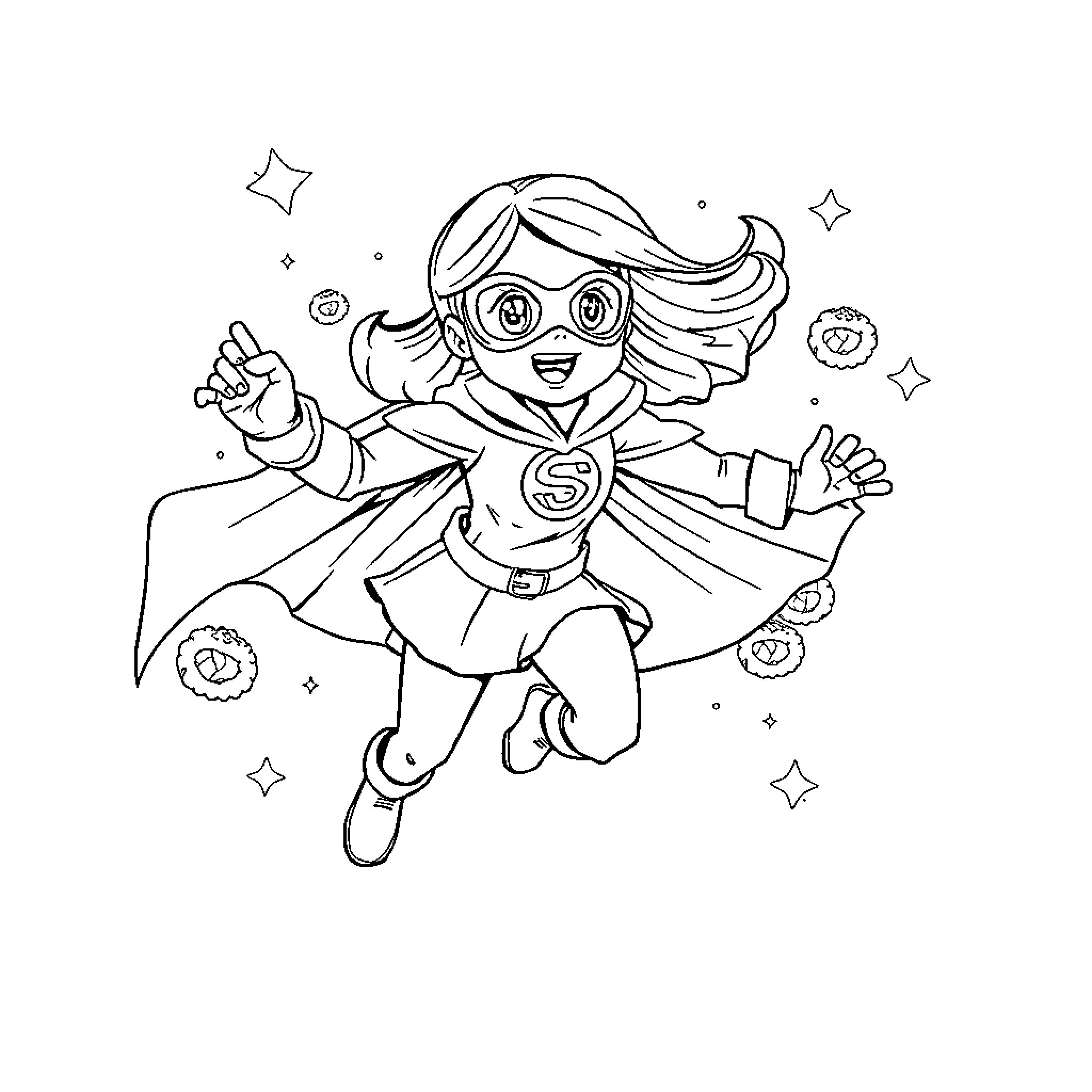 Sushi superhero girl flying with stars Coloring Page (free black-and-white line drawing printable PDF for all, from beginners to advanced learners, including children, teens, adults, and seniors)