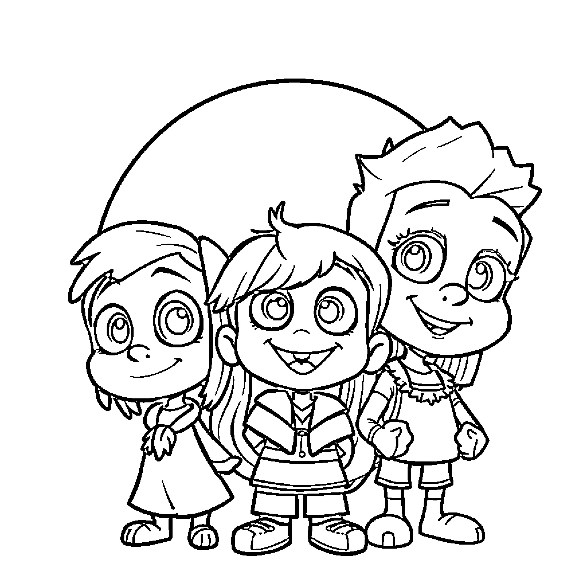 Anime group of smiling children standing together Coloring Page (free black-and-white line drawing printable PDF for all, from beginners to advanced learners, including children, teens, adults, and seniors)