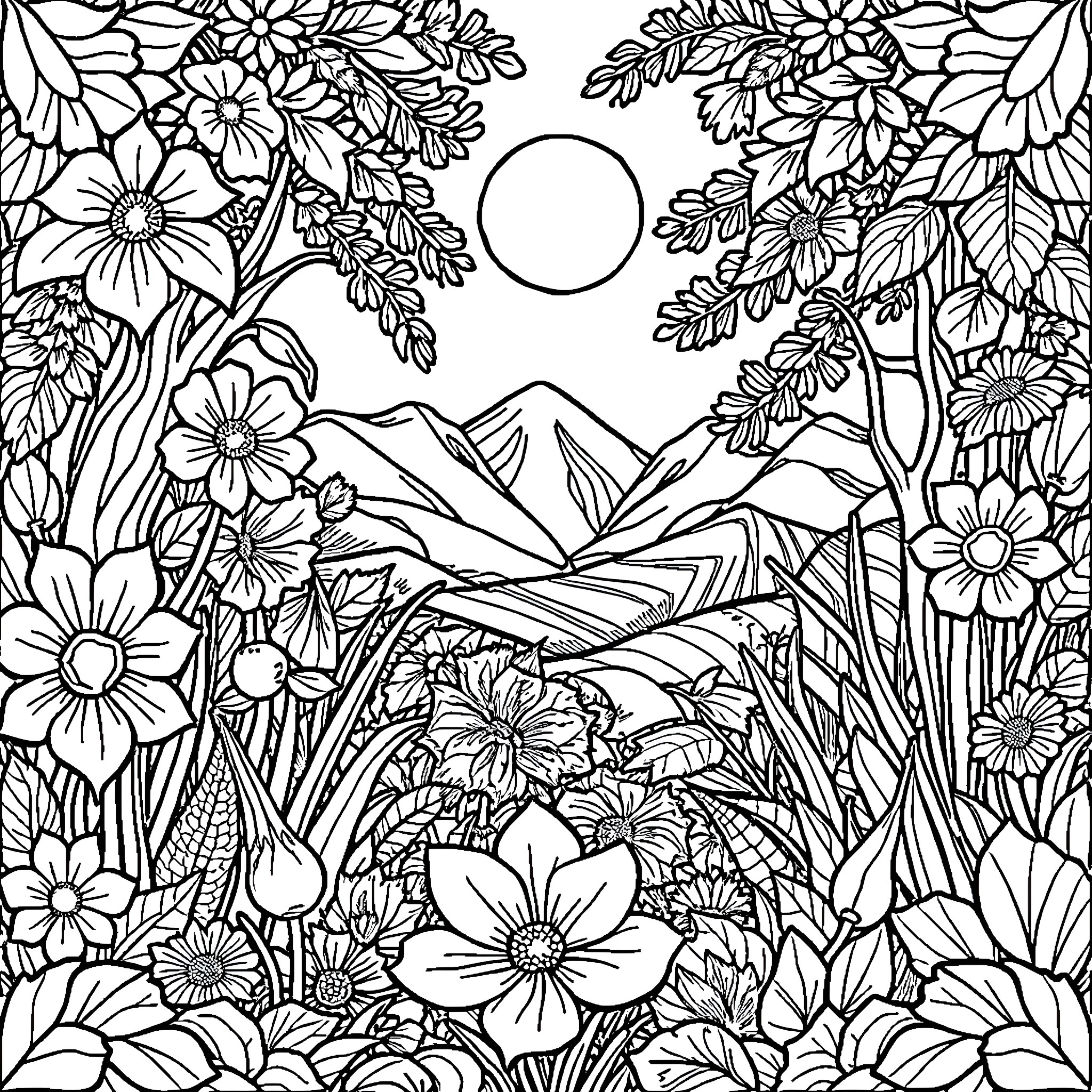 Nature's Vibrant Floral Landscape Coloring Page (free black-and-white line drawing printable PDF for all, from beginners to advanced learners, including children, teens, adults, and seniors)