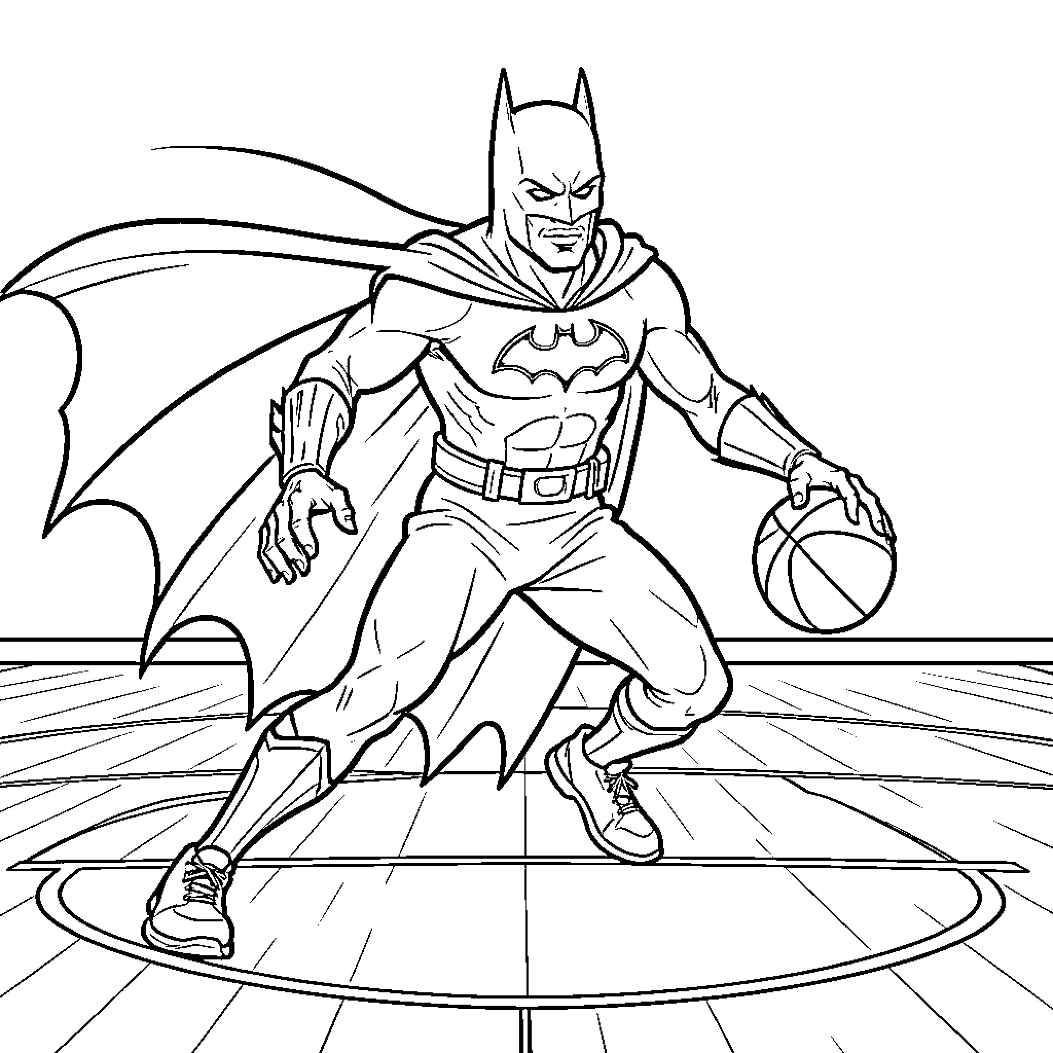 Kobe Bryant as Batman dribbling a basketball on court Coloring Page (free black-and-white line drawing printable PDF for all, from beginners to advanced learners, including children, teens, adults, and seniors)