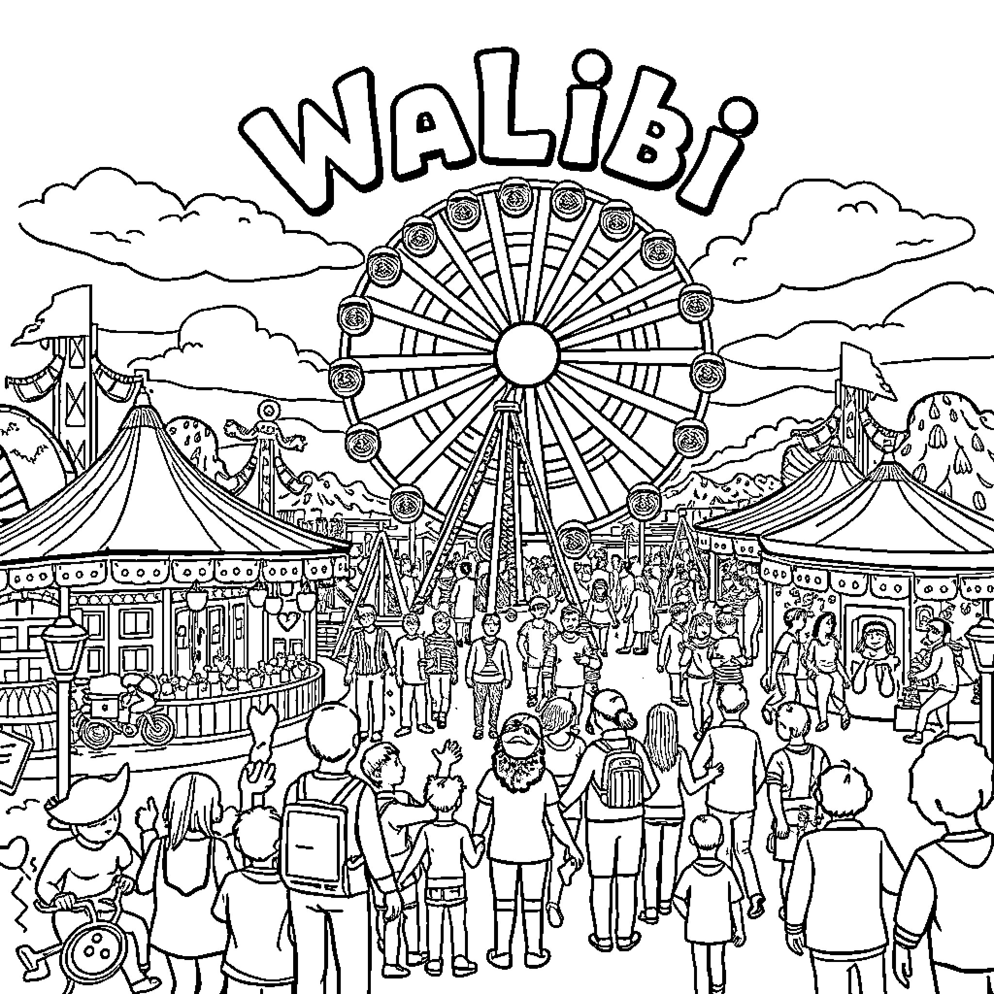 Walibi people enjoying the thrilling rides and attractions Coloring Page (free black-and-white line drawing printable PDF for all, from beginners to advanced learners, including children, teens, adults, and seniors)