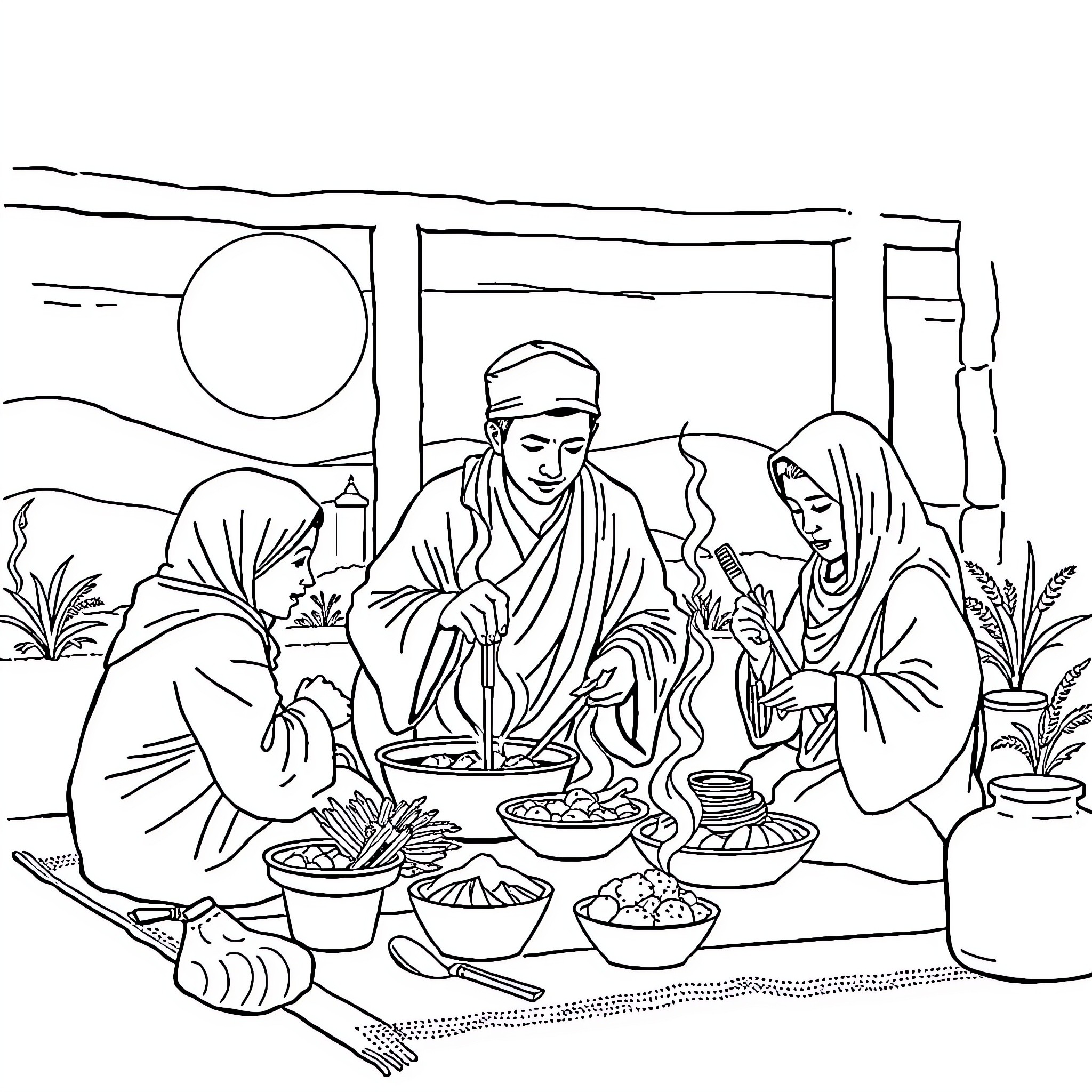 Tung Family Gathering for Iftar Meal Coloring Page (free black-and-white line drawing printable PDF for all, from beginners to advanced learners, including children, teens, adults, and seniors)