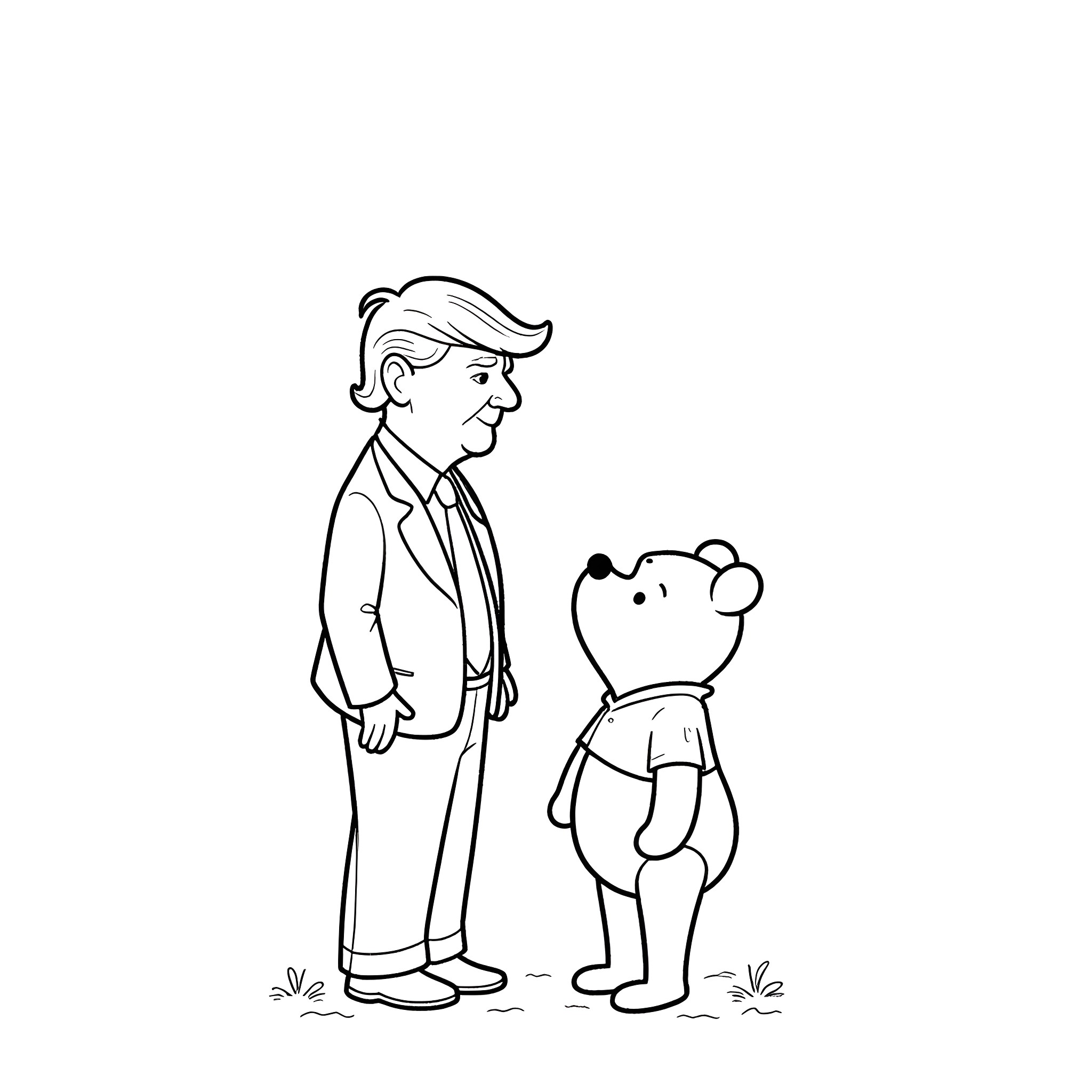 Donald Trump talking to a teddy bear Coloring Page (free black-and-white line drawing printable PDF for all, from beginners to advanced learners, including children, teens, adults, and seniors)