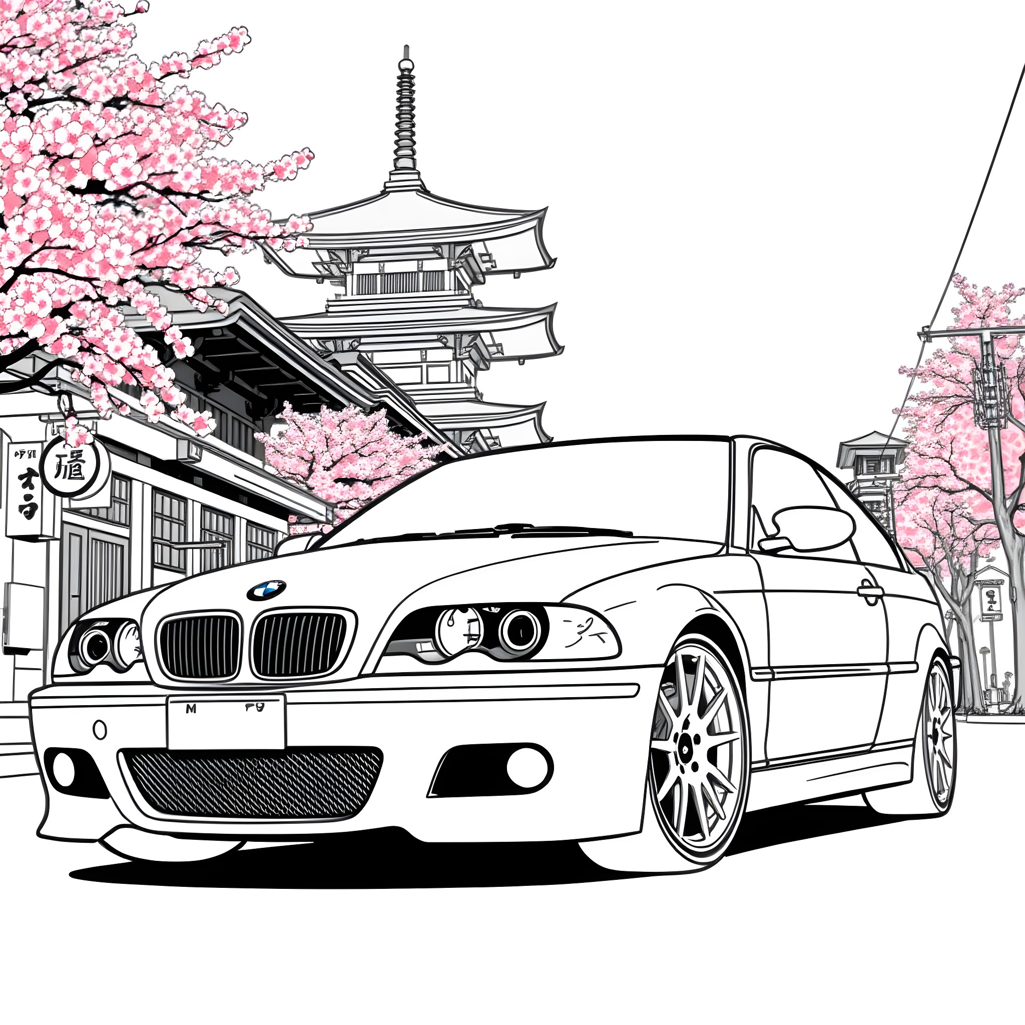 BMW sports car in Japanese scenery Coloring Page (free black-and-white line drawing printable PDF for all, from beginners to advanced learners, including children, teens, adults, and seniors)