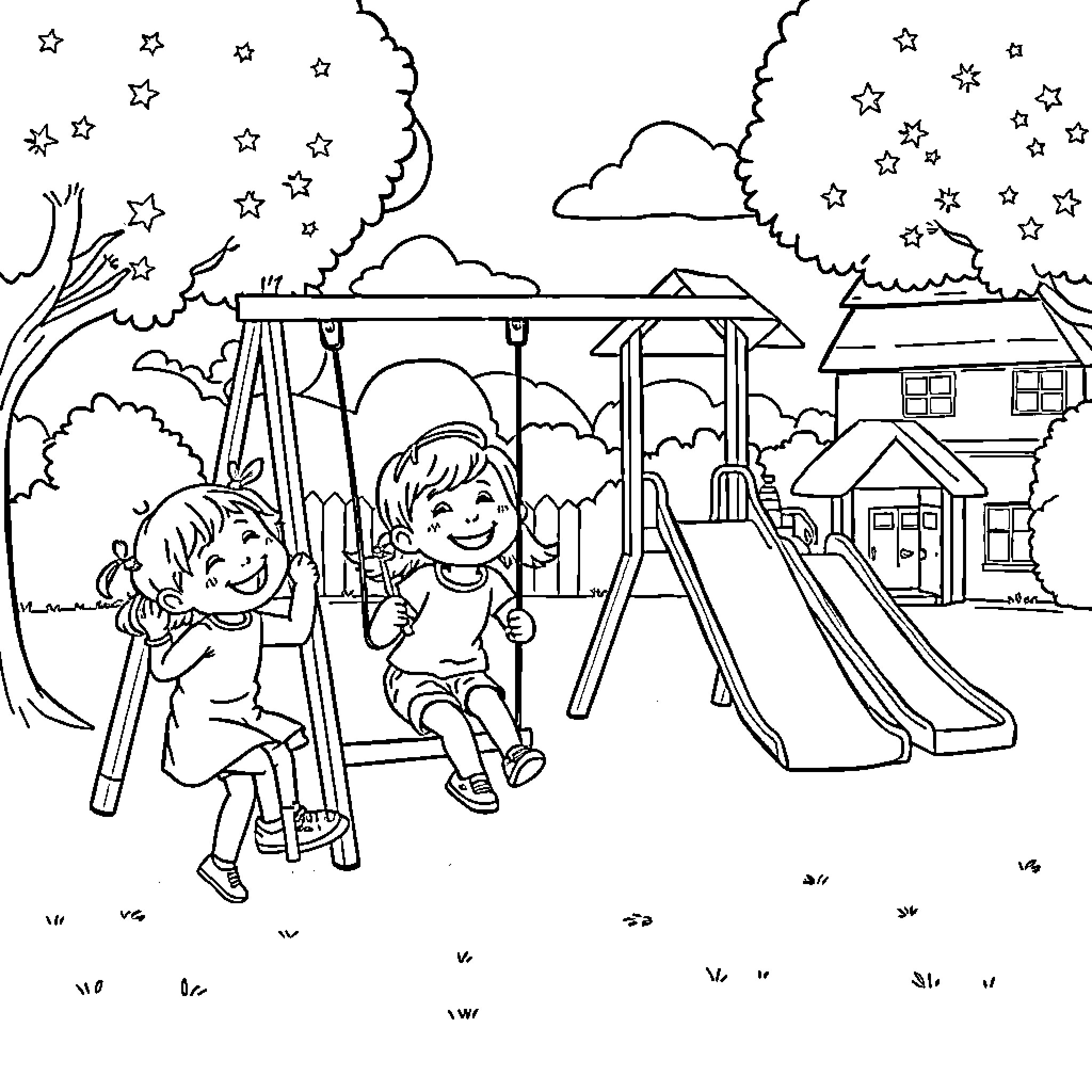 Kid happily playing on swing and slide at playground Coloring Page (free black-and-white line drawing printable PDF for all, from beginners to advanced learners, including children, teens, adults, and seniors)
