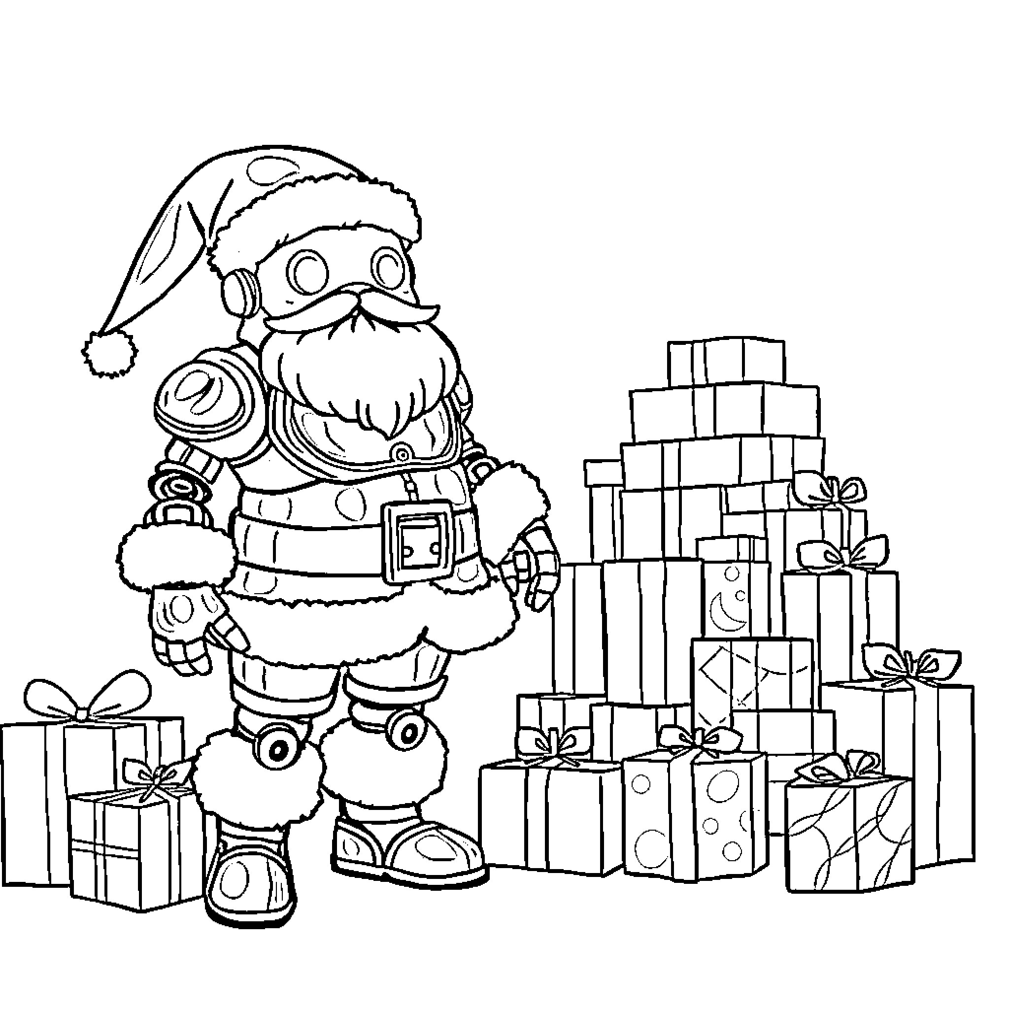 Robot Santa delivering gifts on Christmas Coloring Page (free black-and-white line drawing printable PDF for all, from beginners to advanced learners, including children, teens, adults, and seniors)