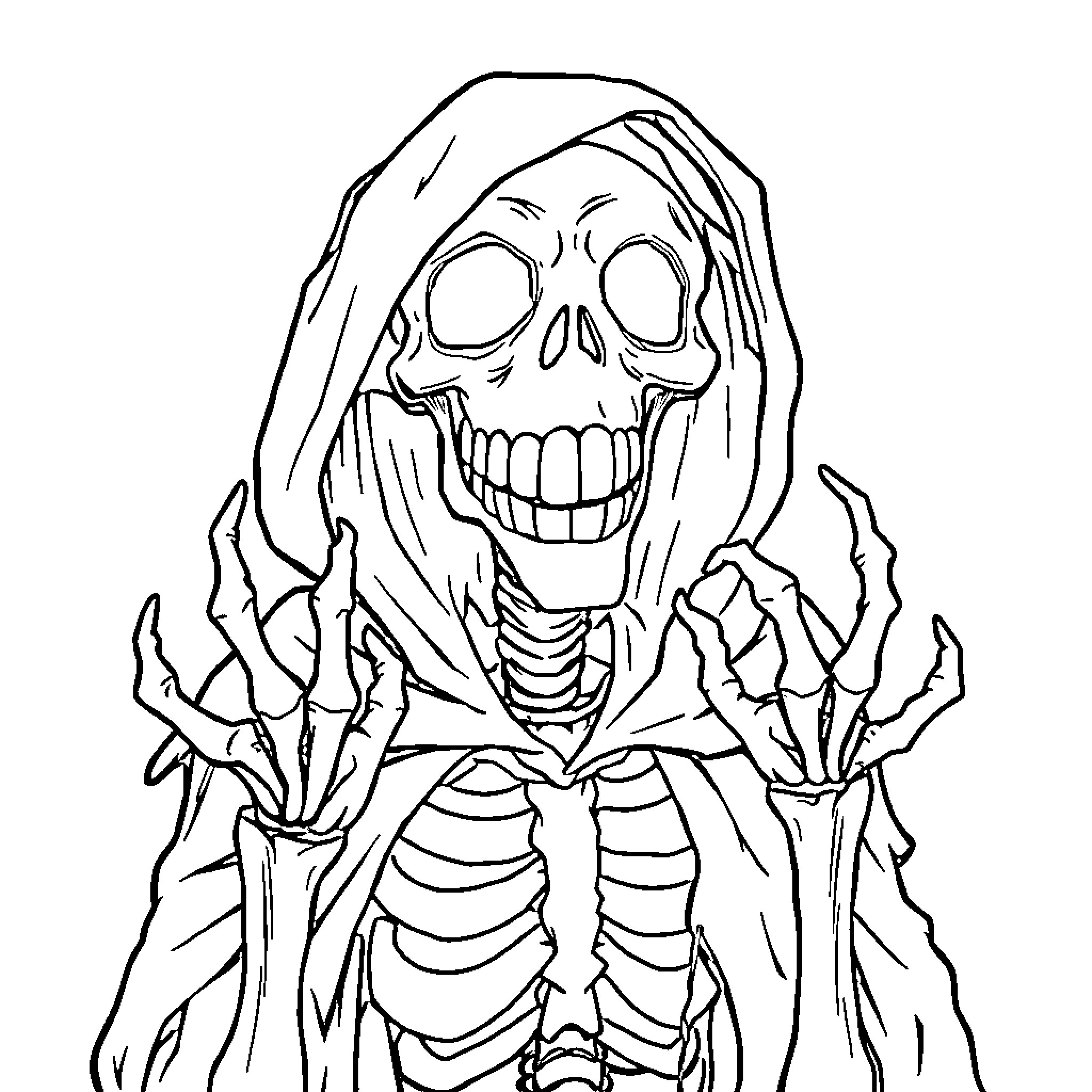 Skeleton in Menacing Pose Coloring Page (free black-and-white line drawing printable PDF for all, from beginners to advanced learners, including children, teens, adults, and seniors)