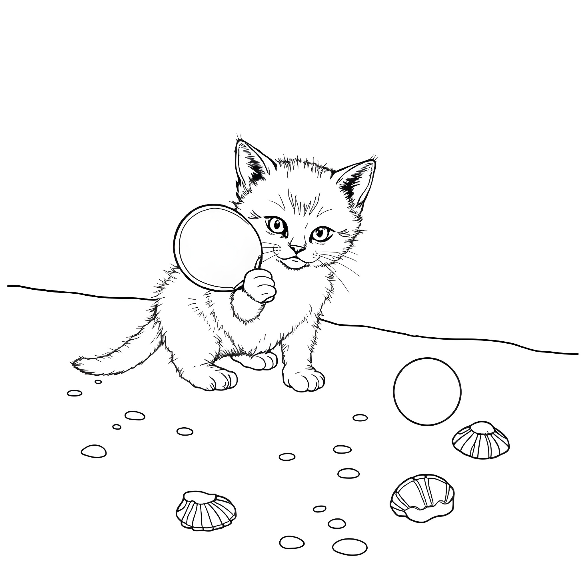 Kitten exploring shells on the beach Coloring Page (free black-and-white line drawing printable PDF for all, from beginners to advanced learners, including children, teens, adults, and seniors)