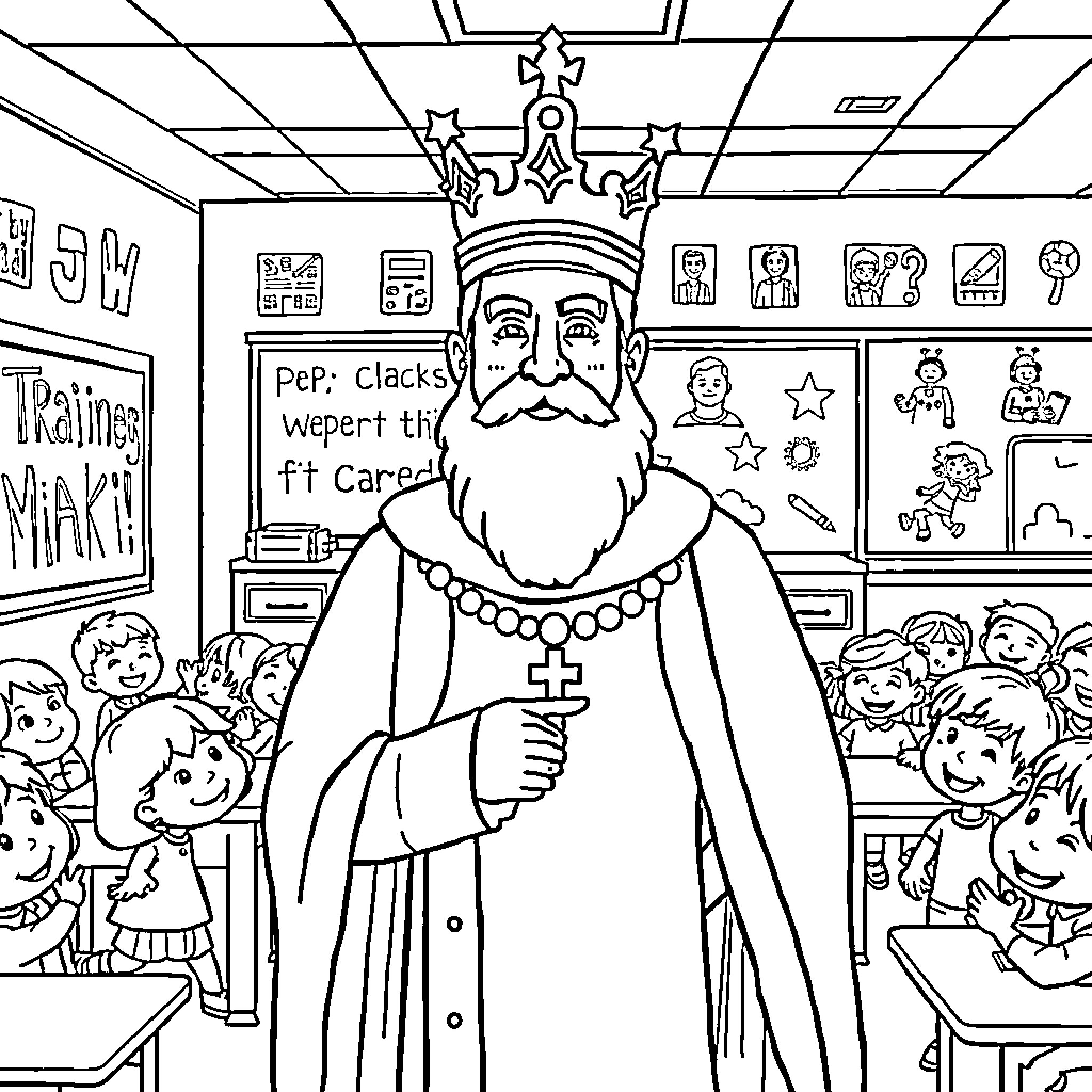 Trainer guiding students in a classroom setting Coloring Page (free black-and-white line drawing printable PDF for all, from beginners to advanced learners, including children, teens, adults, and seniors)