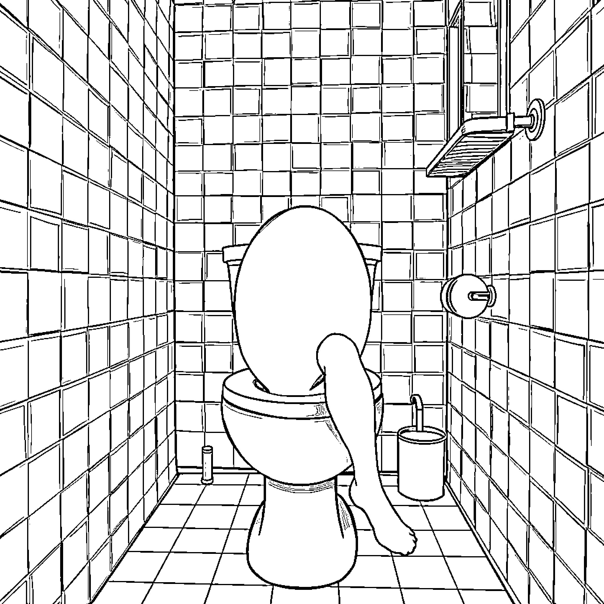 Toilet seat and accessories in tiled bathroom Coloring Page (free black-and-white line drawing printable PDF for all, from beginners to advanced learners, including children, teens, adults, and seniors)