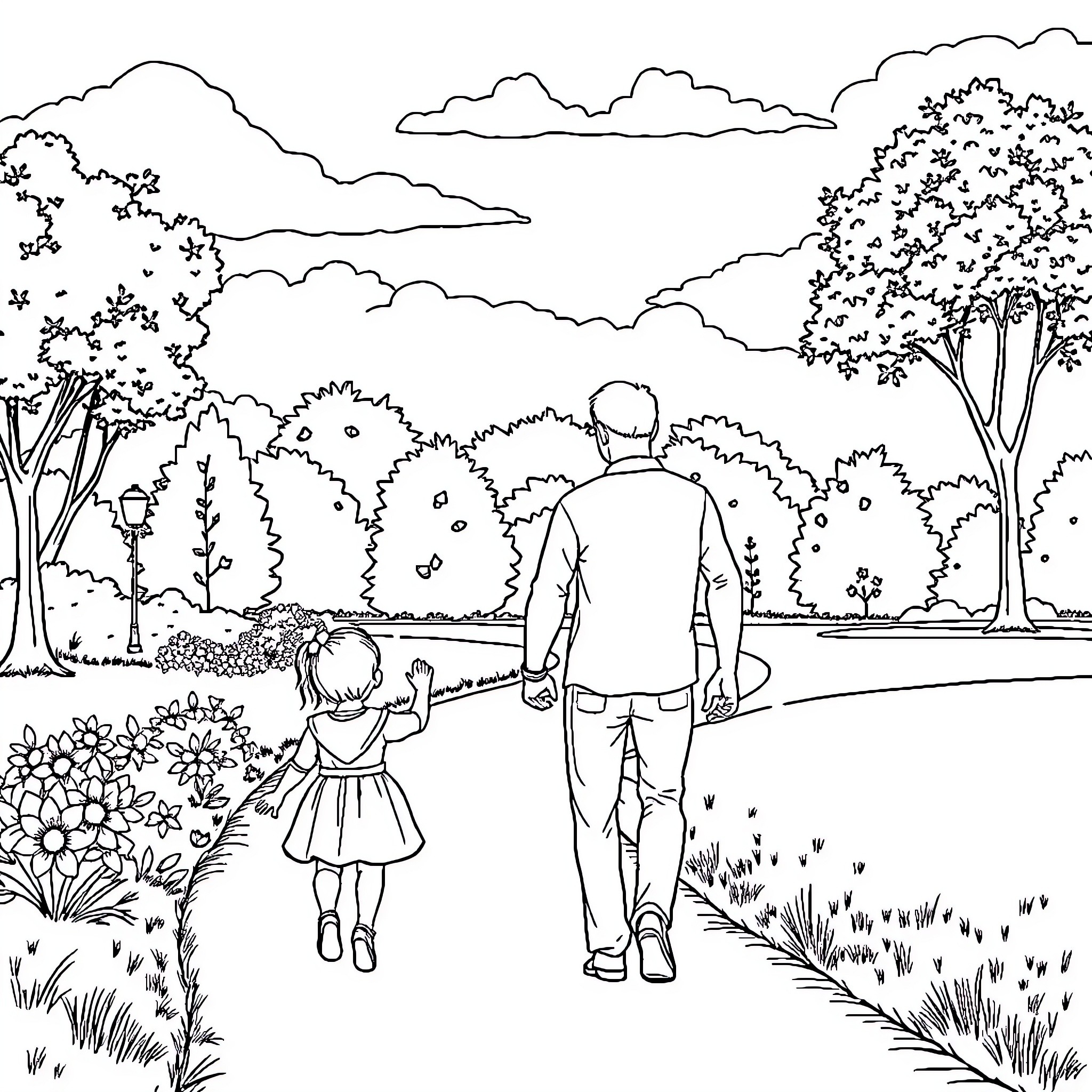 Father and child strolling through a tranquil park Coloring Page (free black-and-white line drawing printable PDF for all, from beginners to advanced learners, including children, teens, adults, and seniors)