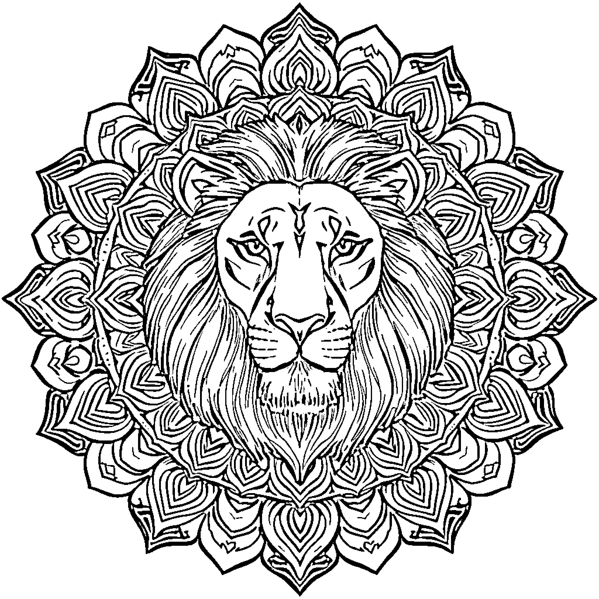Lion with ornamental mandala design Coloring Page (free black-and-white line drawing printable PDF for all, from beginners to advanced learners, including children, teens, adults, and seniors)