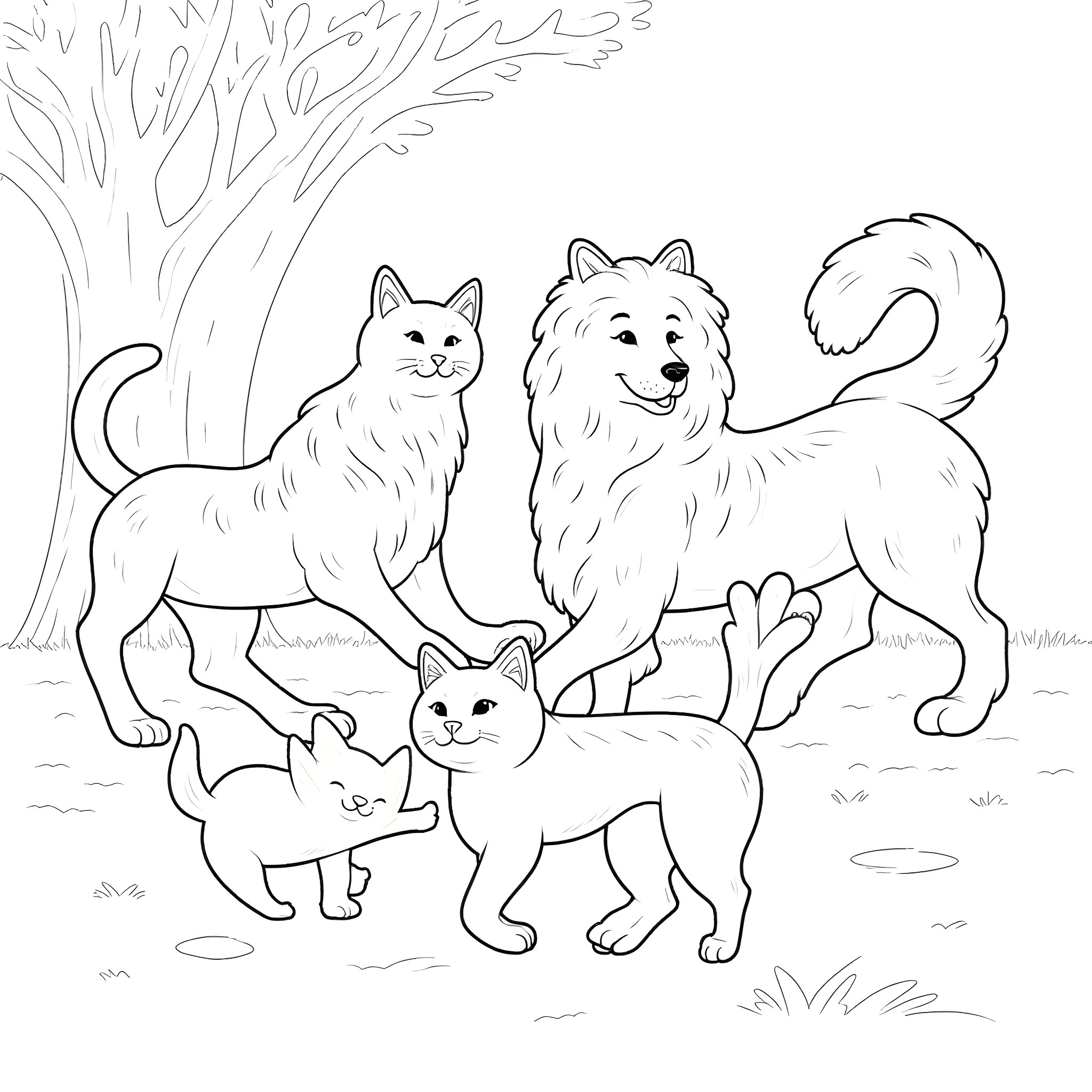 Dog and Cat Playing in the Outdoors Coloring Page (free black-and-white line drawing printable PDF for all, from beginners to advanced learners, including children, teens, adults, and seniors)