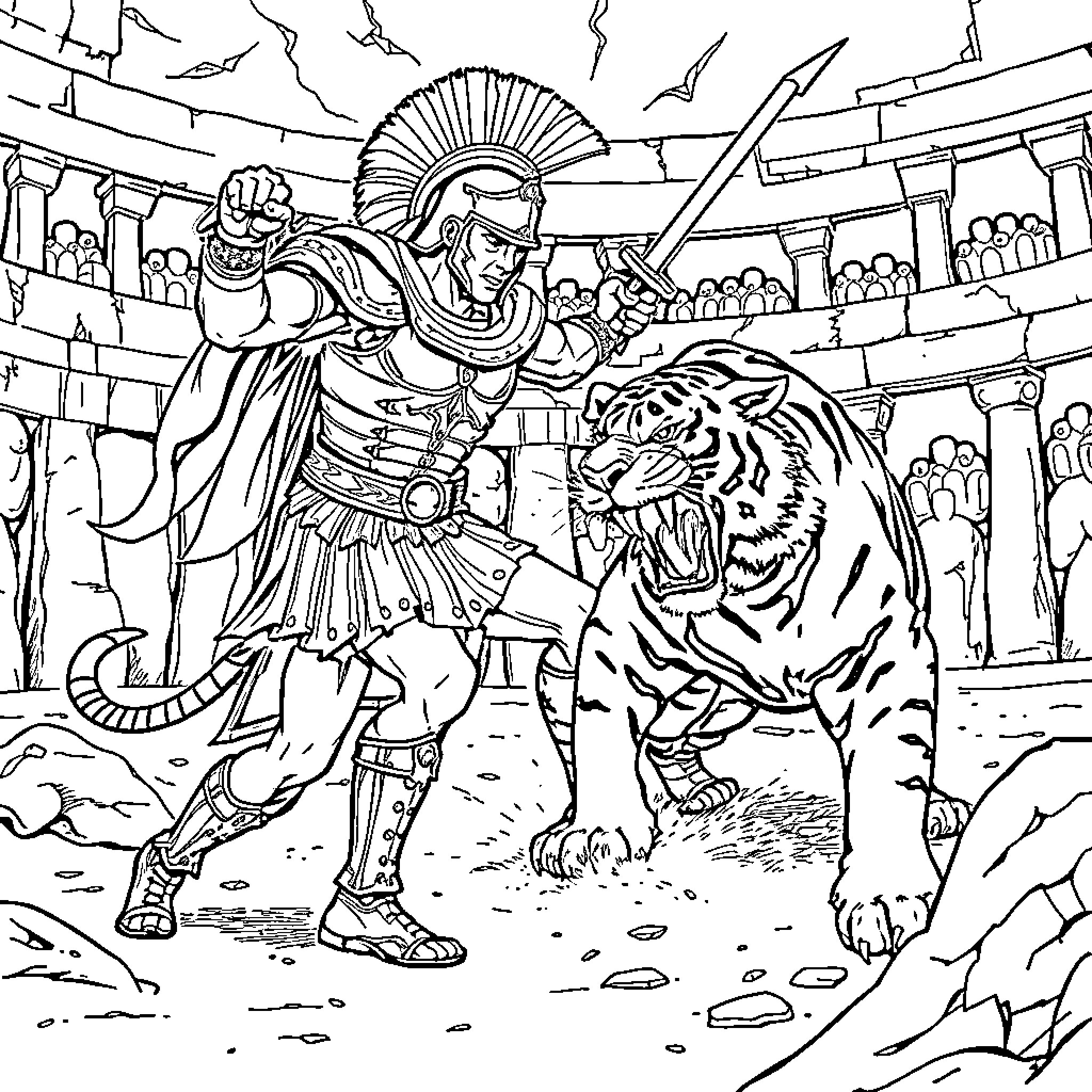Gladiator battles a fierce tiger in the arena Coloring Page (free black-and-white line drawing printable PDF for all, from beginners to advanced learners, including children, teens, adults, and seniors)