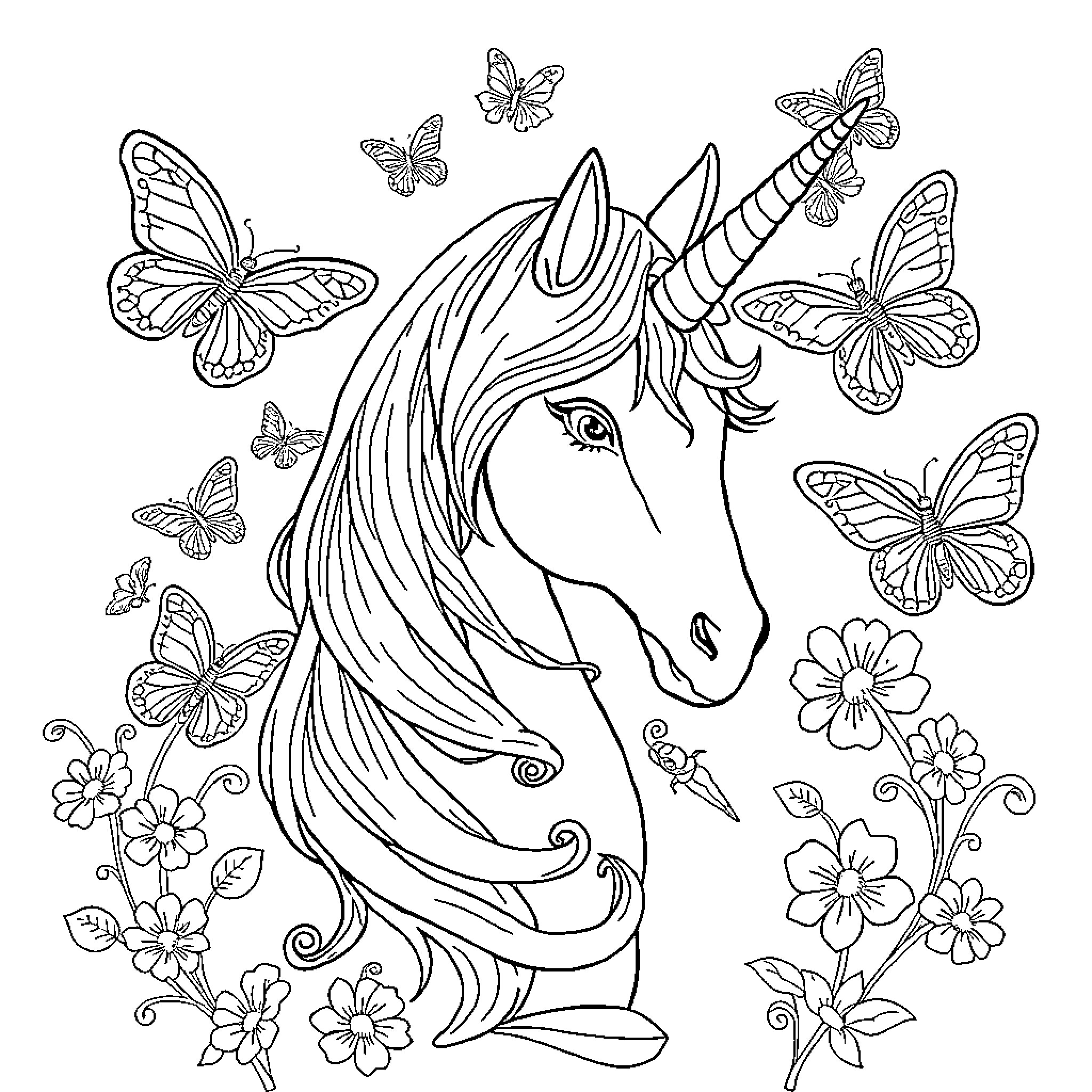 Unicorn surrounded by enchanting butterflies and flowers Coloring Page (free black-and-white line drawing printable PDF for all, from beginners to advanced learners, including children, teens, adults, and seniors)
