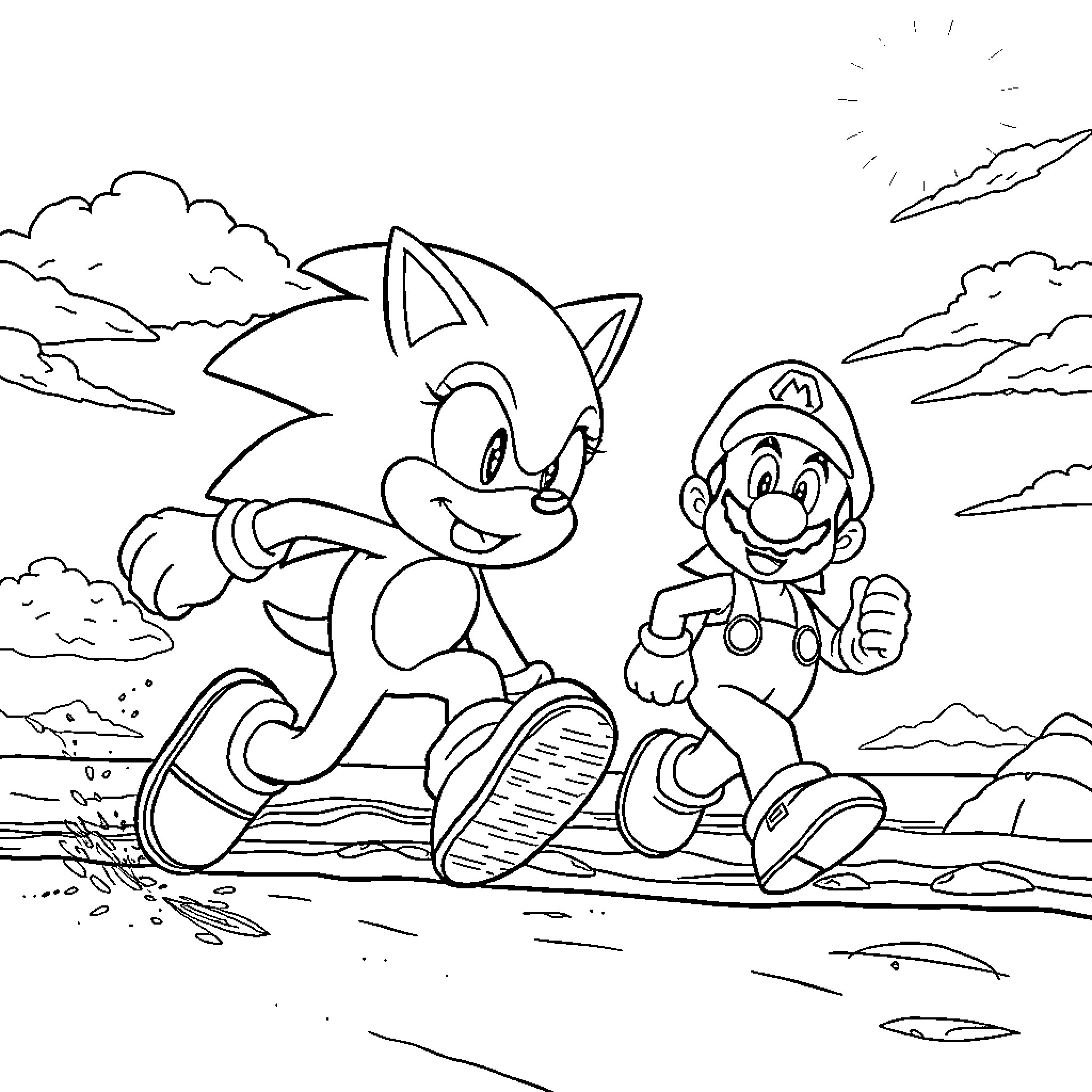 Sonic and Mario's Outdoor Adventure Coloring Page (free black-and-white line drawing printable PDF for all, from beginners to advanced learners, including children, teens, adults, and seniors)