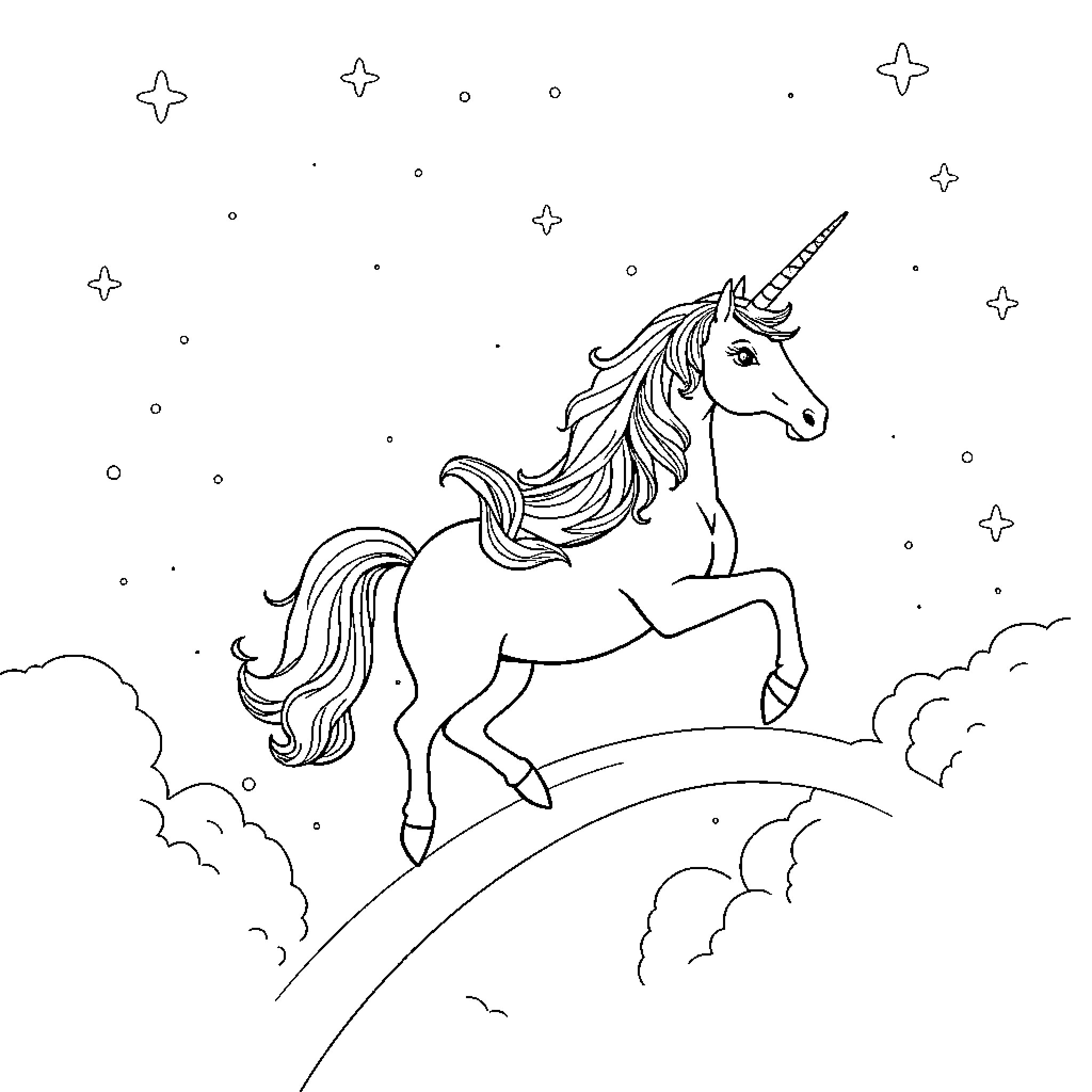 Unicorn galloping through the starry night sky Coloring Page (free black-and-white line drawing printable PDF for all, from beginners to advanced learners, including children, teens, adults, and seniors)