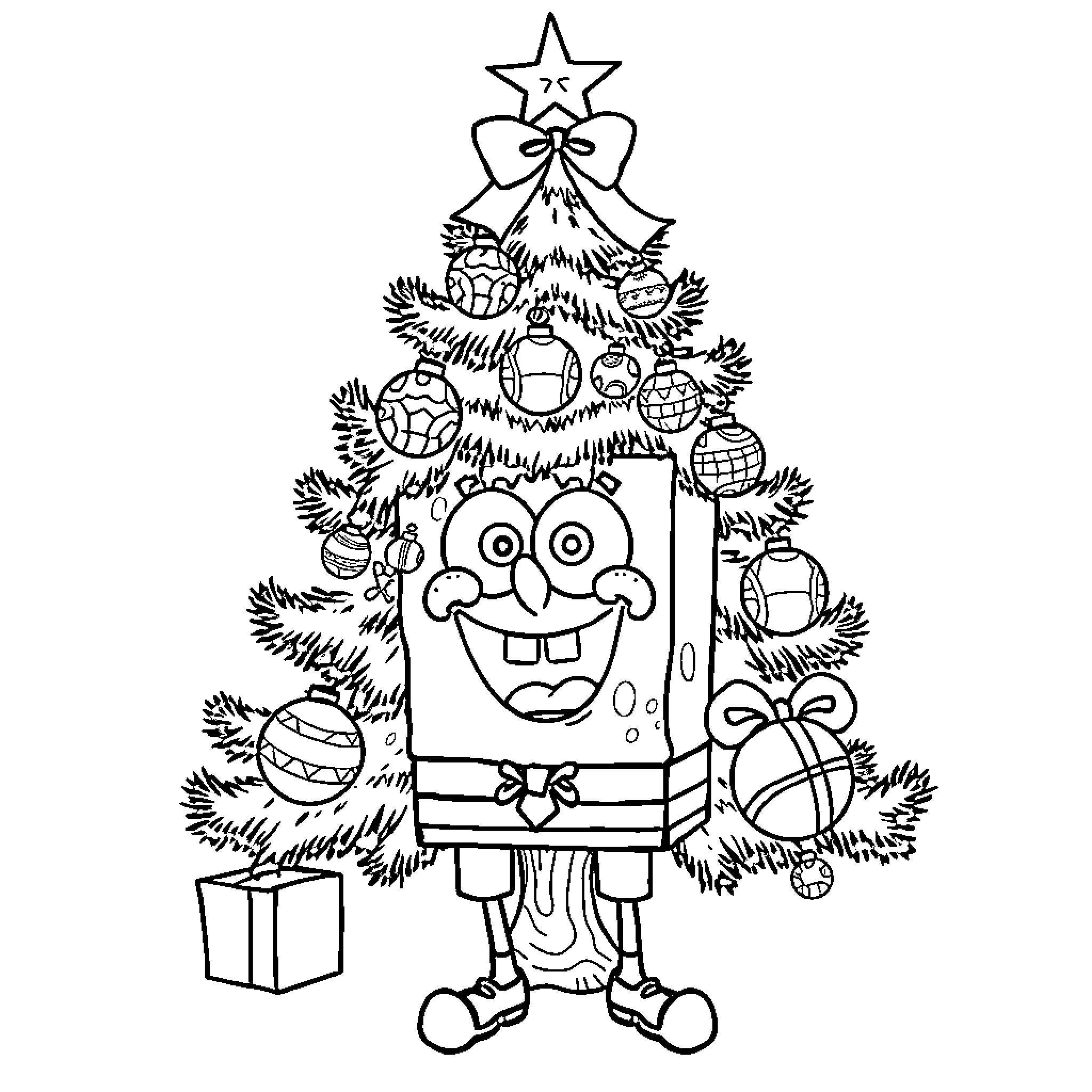 Spongebob decorating a festive Christmas tree Coloring Page (free black-and-white line drawing printable PDF for all, from beginners to advanced learners, including children, teens, adults, and seniors)