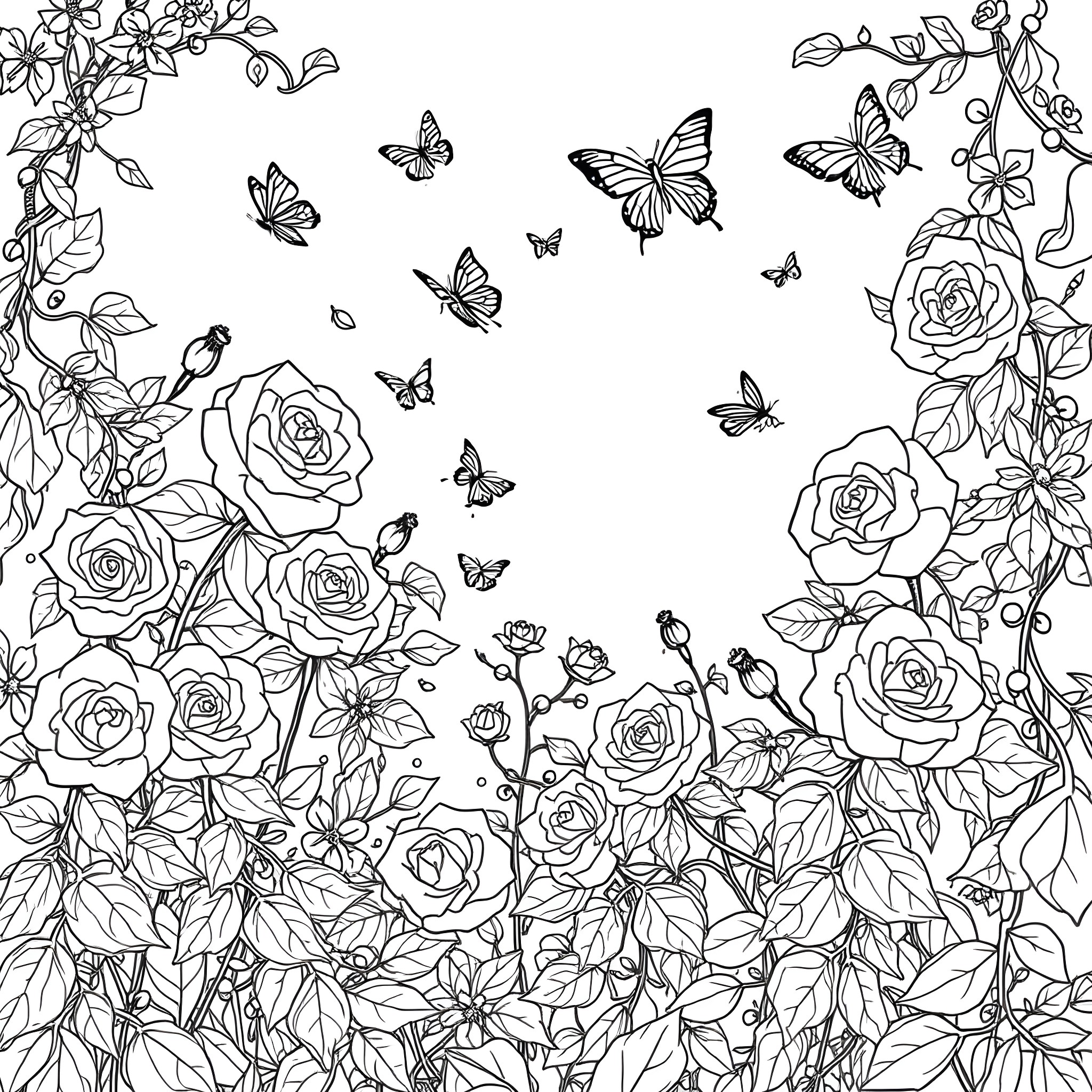 Rose Garden with Blooming Flowers and Butterflies Coloring Page (free black-and-white line drawing printable PDF for all, from beginners to advanced learners, including children, teens, adults, and seniors)