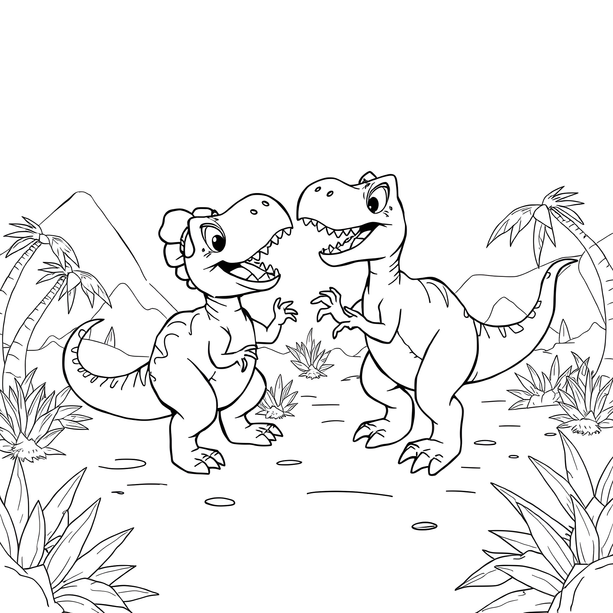 Dinosaurs playing together in the prehistoric landscape Coloring Page (free black-and-white line drawing printable PDF for all, from beginners to advanced learners, including children, teens, adults, and seniors)