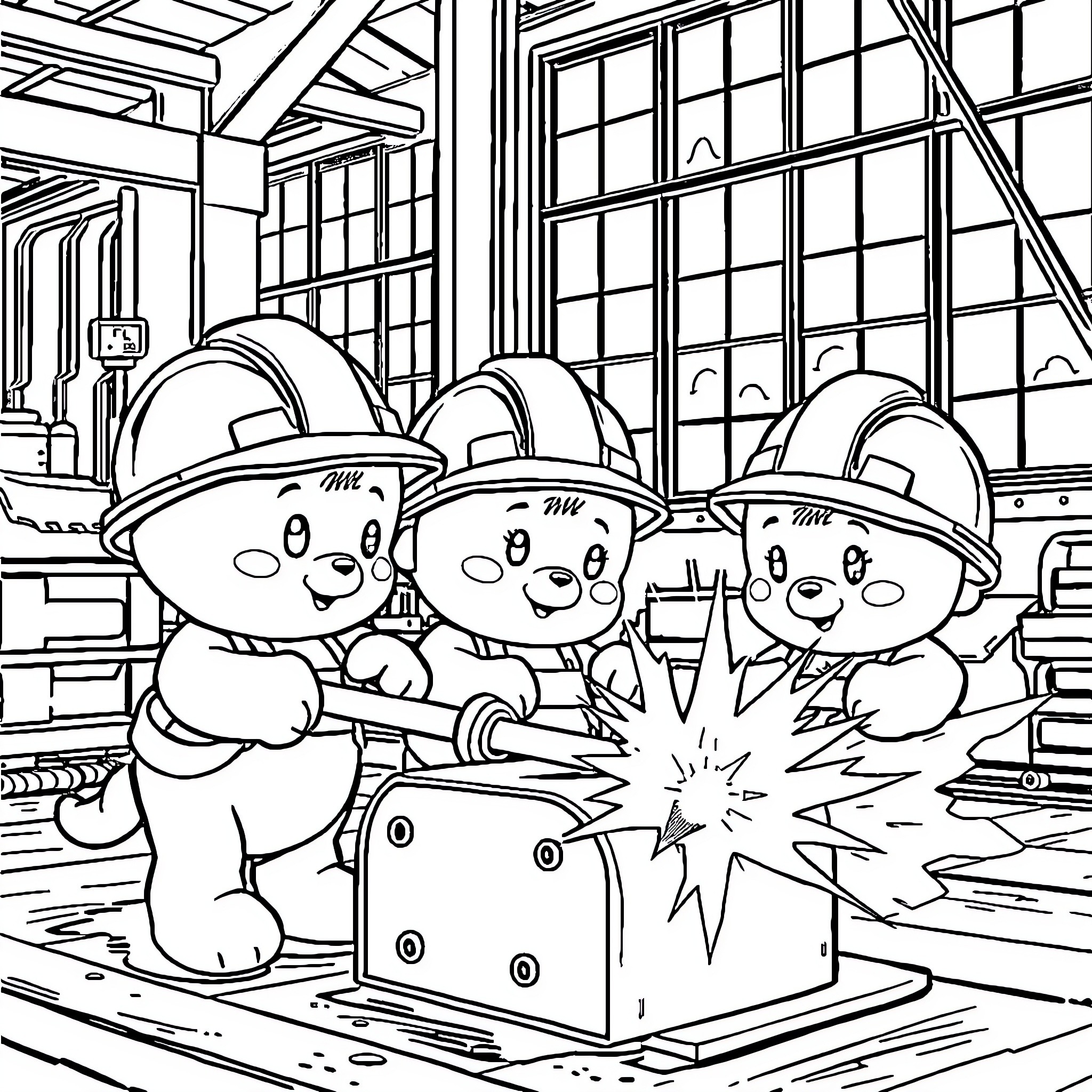 Cuddle Toy Construction Workers Working Happily Coloring Page (free black-and-white line drawing printable PDF for all, from beginners to advanced learners, including children, teens, adults, and seniors)