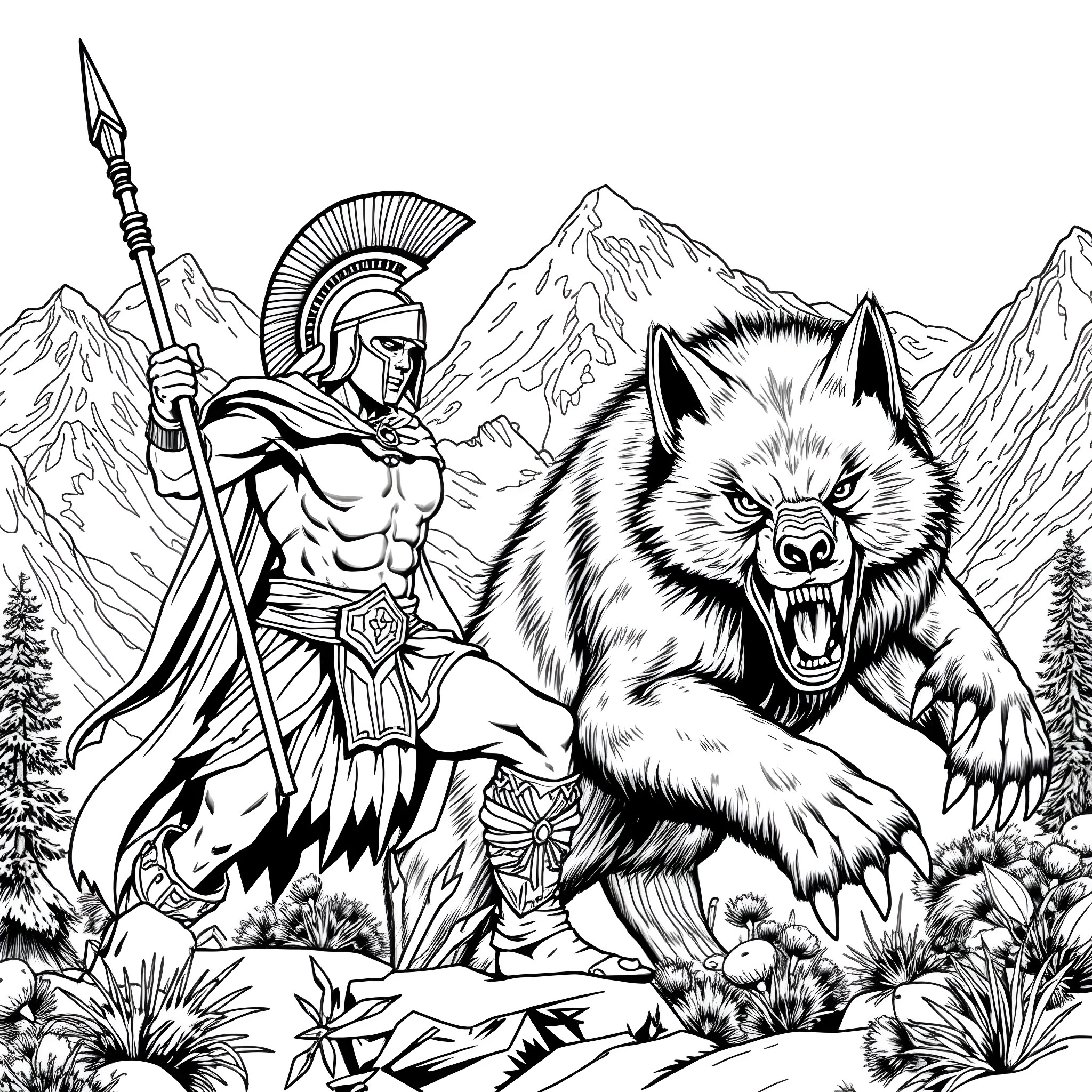 Spartan warrior battling a fierce wolf in the wilderness Coloring Page (free black-and-white line drawing printable PDF for all, from beginners to advanced learners, including children, teens, adults, and seniors)