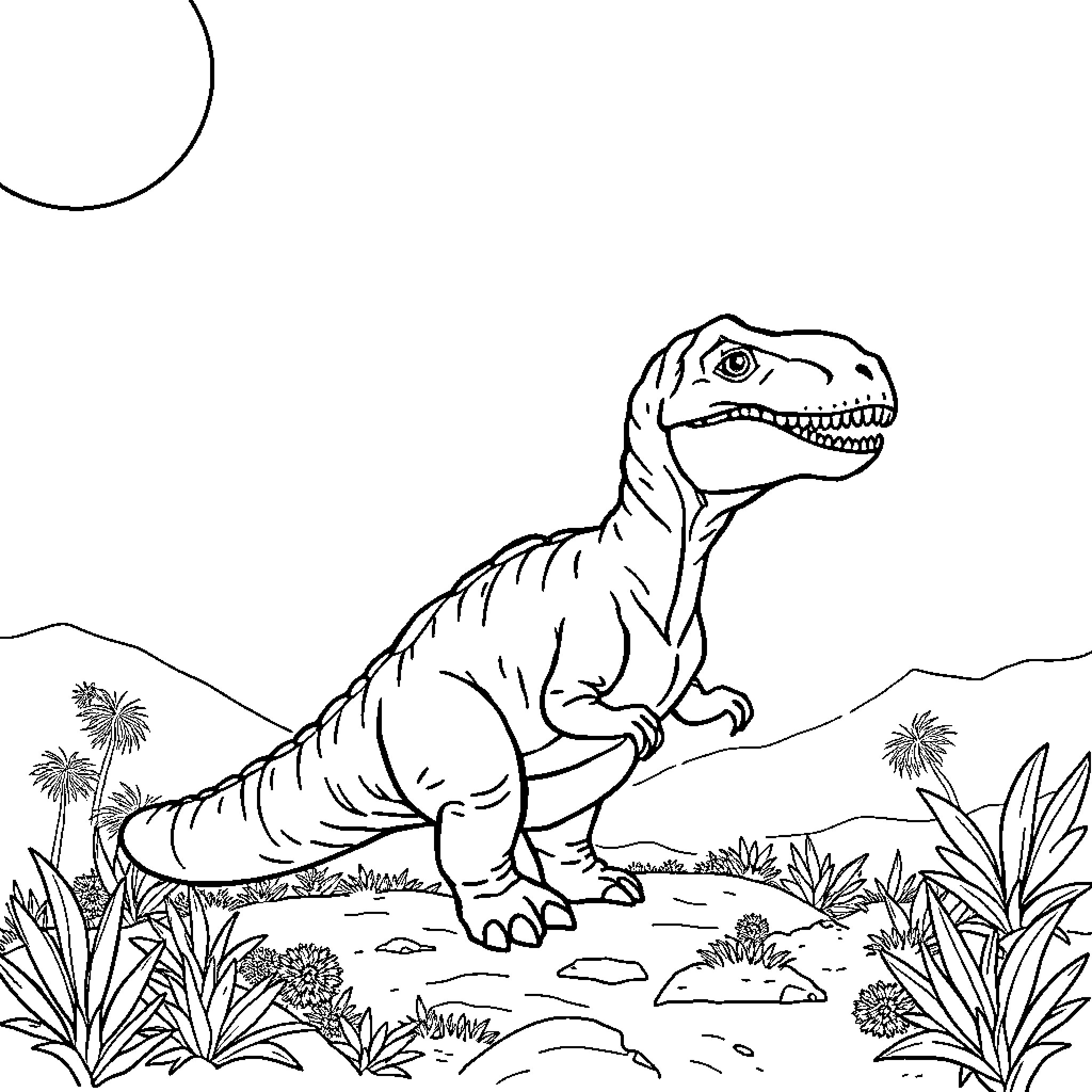 Dinosaur standing strong in prehistoric landscape Coloring Page (free black-and-white line drawing printable PDF for all, from beginners to advanced learners, including children, teens, adults, and seniors)