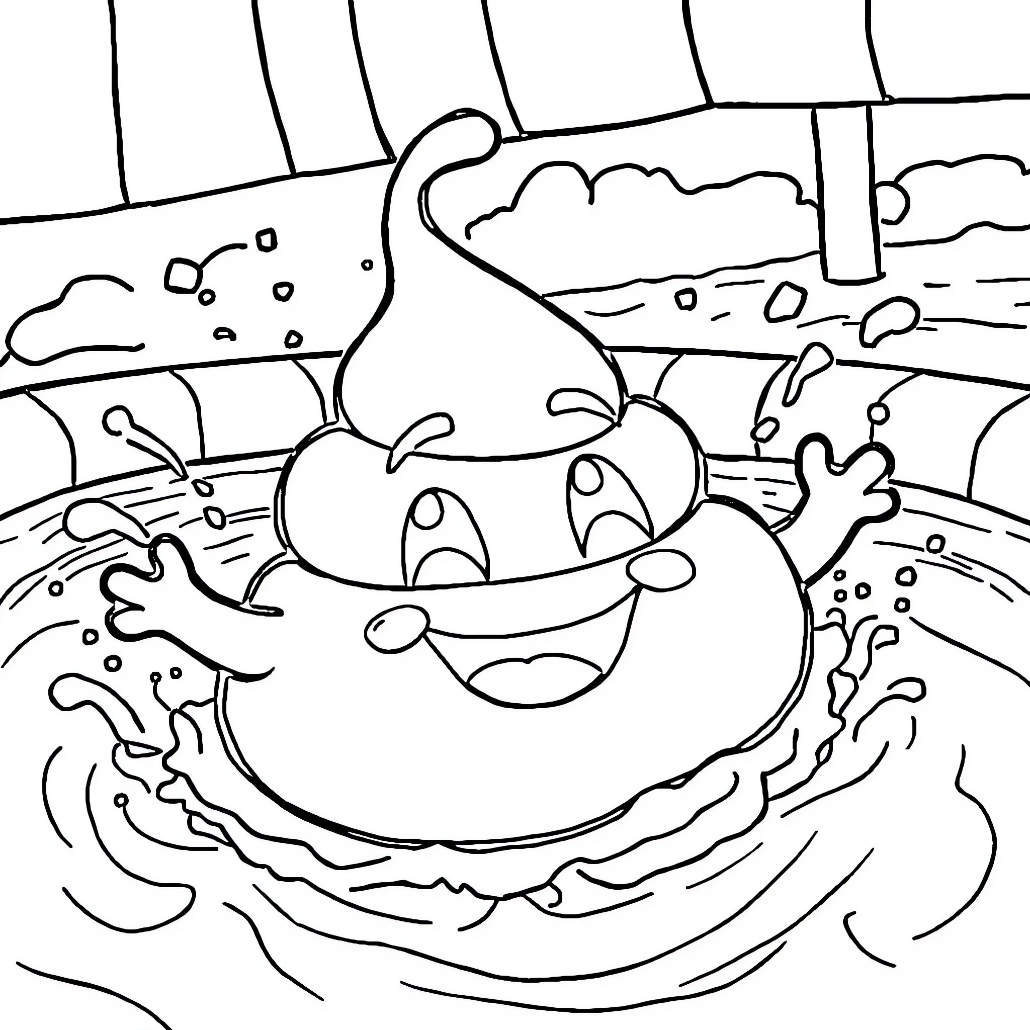 Poop Emoji enjoying a bubbly bath Coloring Page (free black-and-white line drawing printable PDF for all, from beginners to advanced learners, including children, teens, adults, and seniors)