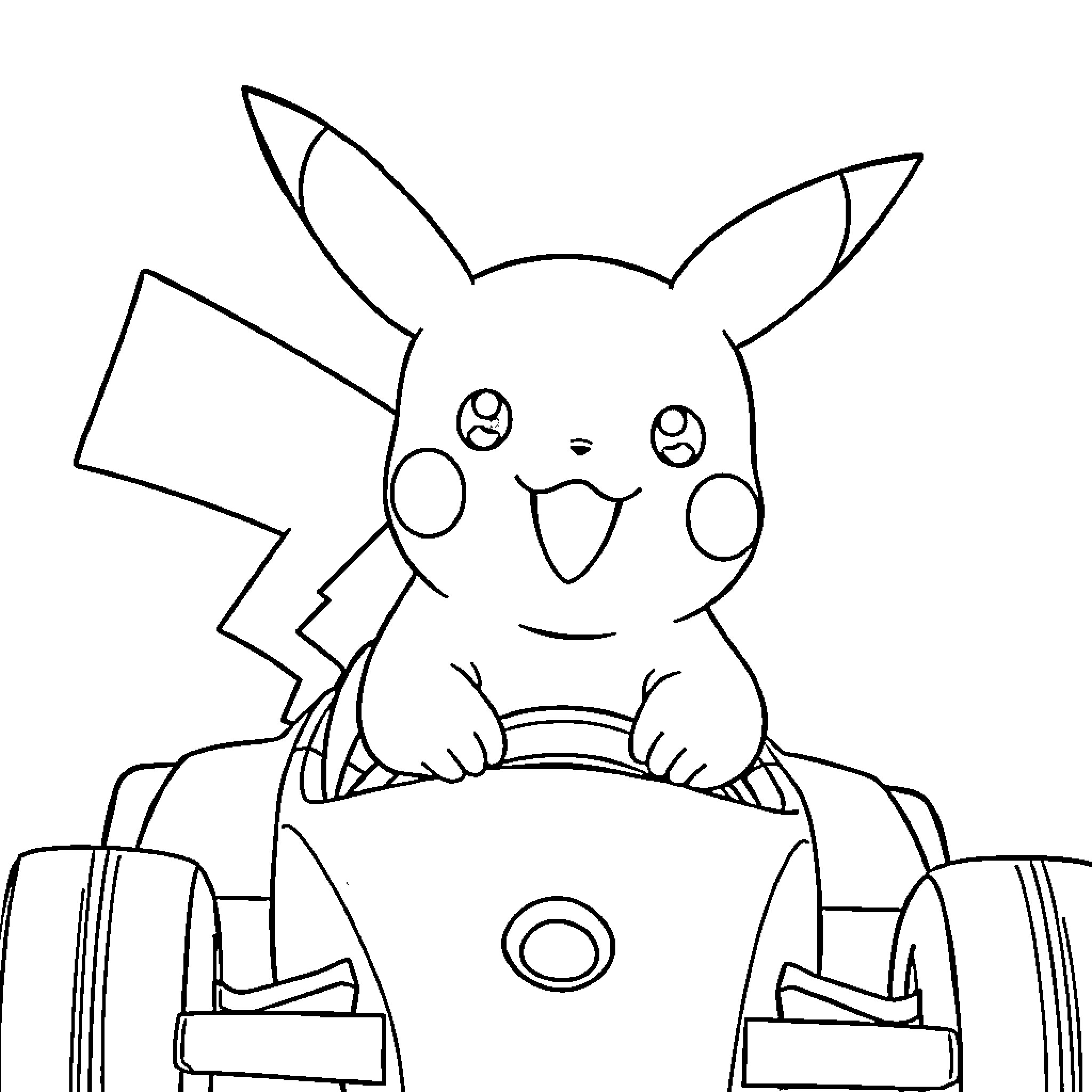 Pikachu riding a wagon with a happy expression Coloring Page (free black-and-white line drawing printable PDF for all, from beginners to advanced learners, including children, teens, adults, and seniors)