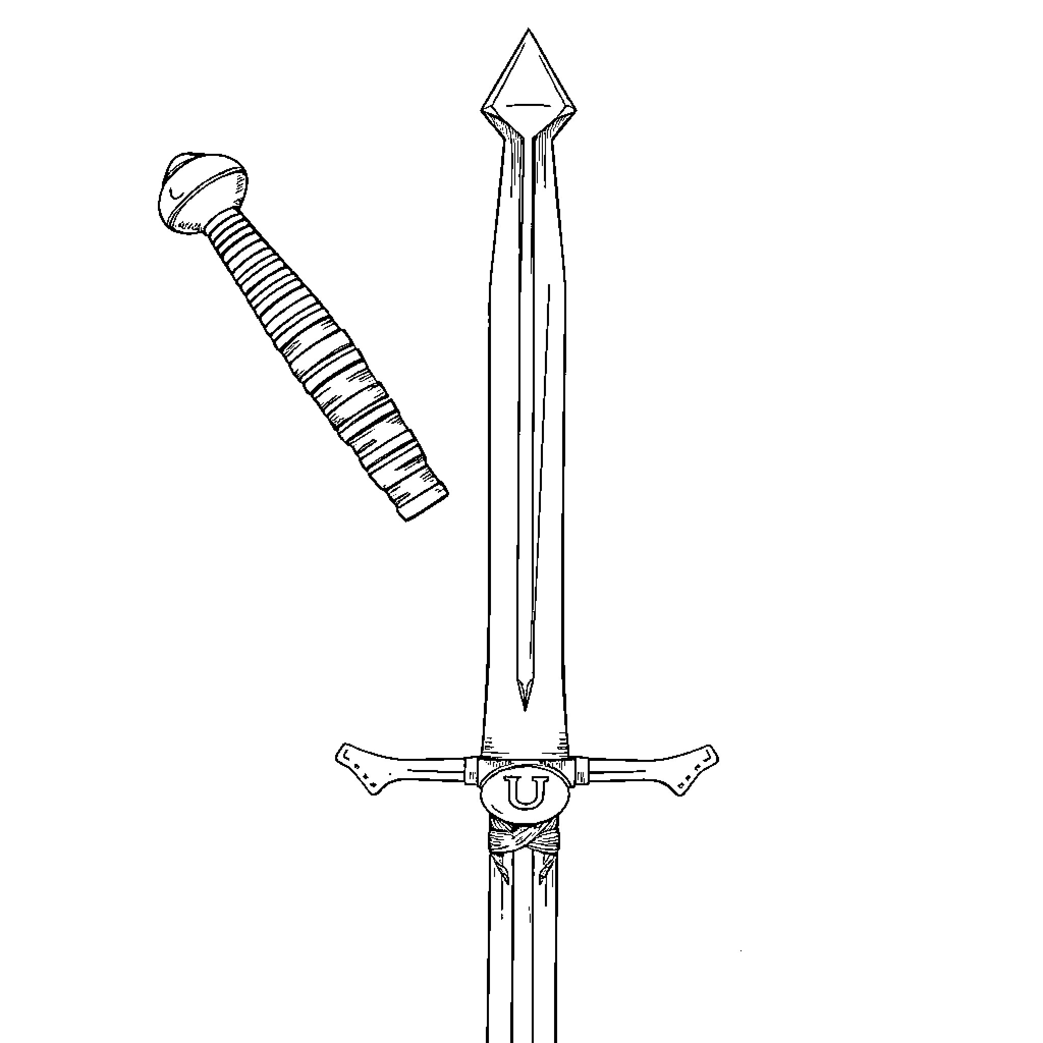 Sword with detailed hilt and blade Coloring Page (free black-and-white line drawing printable PDF for all, from beginners to advanced learners, including children, teens, adults, and seniors)