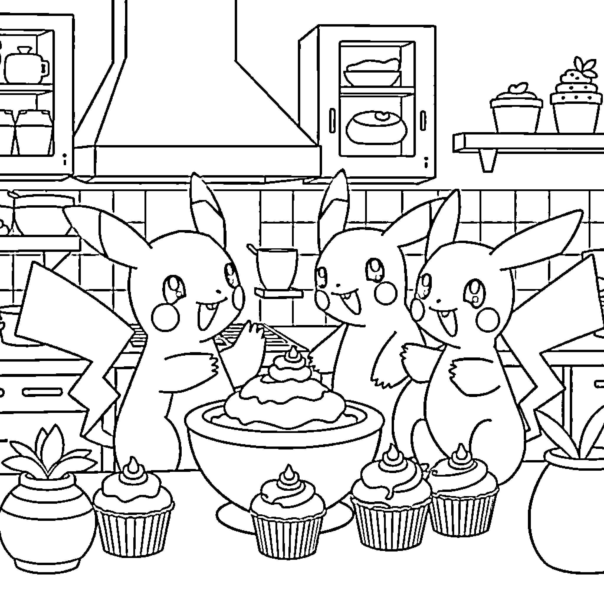 Pokémon Baking Delicious Treats in the Kitchen Coloring Page (free black-and-white line drawing printable PDF for all, from beginners to advanced learners, including children, teens, adults, and seniors)