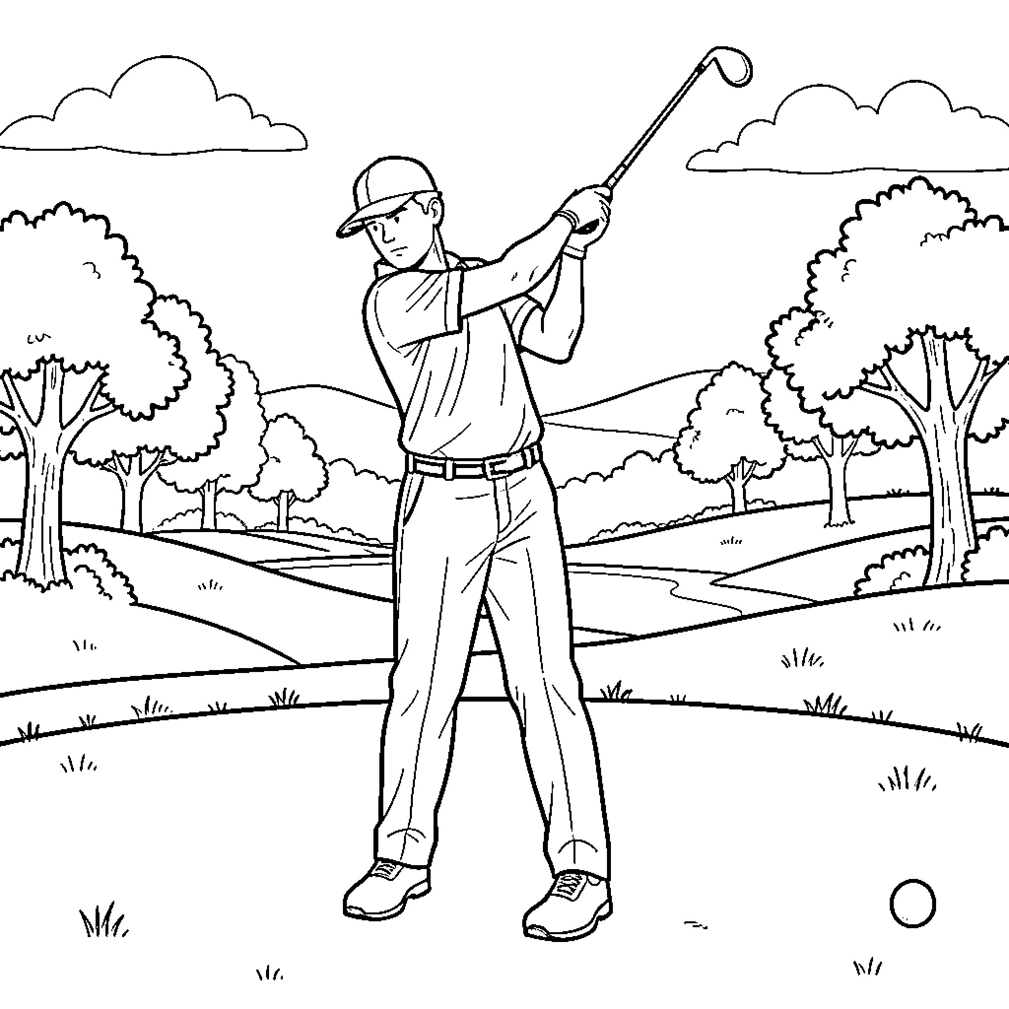 Golfer swinging a club on a scenic course Coloring Page (free black-and-white line drawing printable PDF for all, from beginners to advanced learners, including children, teens, adults, and seniors)