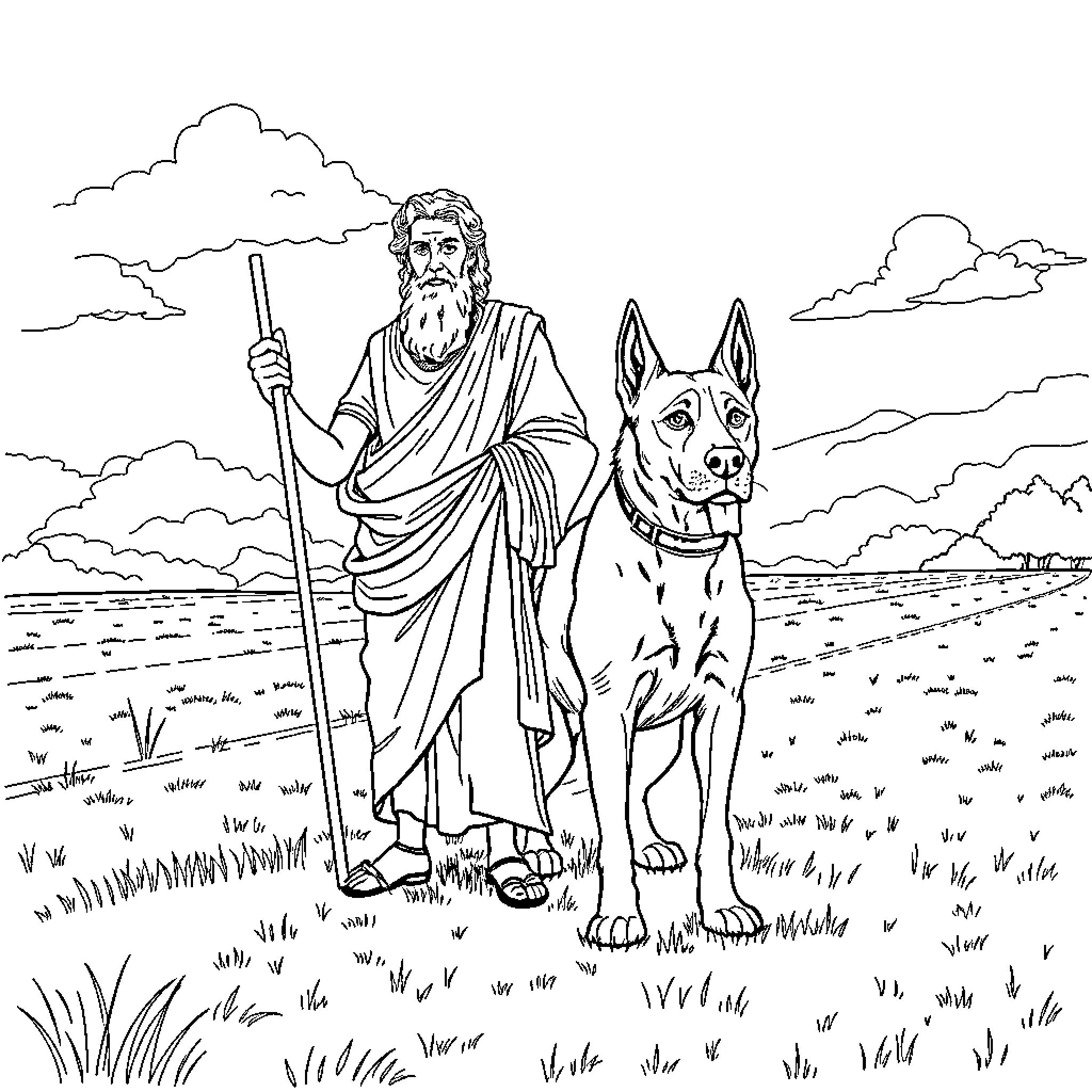 Dog protecting a wise man in the field Coloring Page (free black-and-white line drawing printable PDF for all, from beginners to advanced learners, including children, teens, adults, and seniors)