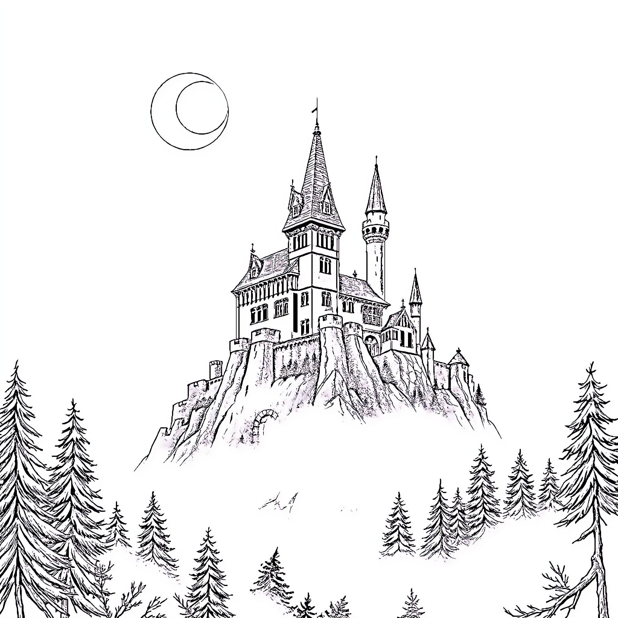 Dracula's haunting castle in the moonlit forest Coloring Page (free black-and-white line drawing printable PDF for all, from beginners to advanced learners, including children, teens, adults, and seniors)