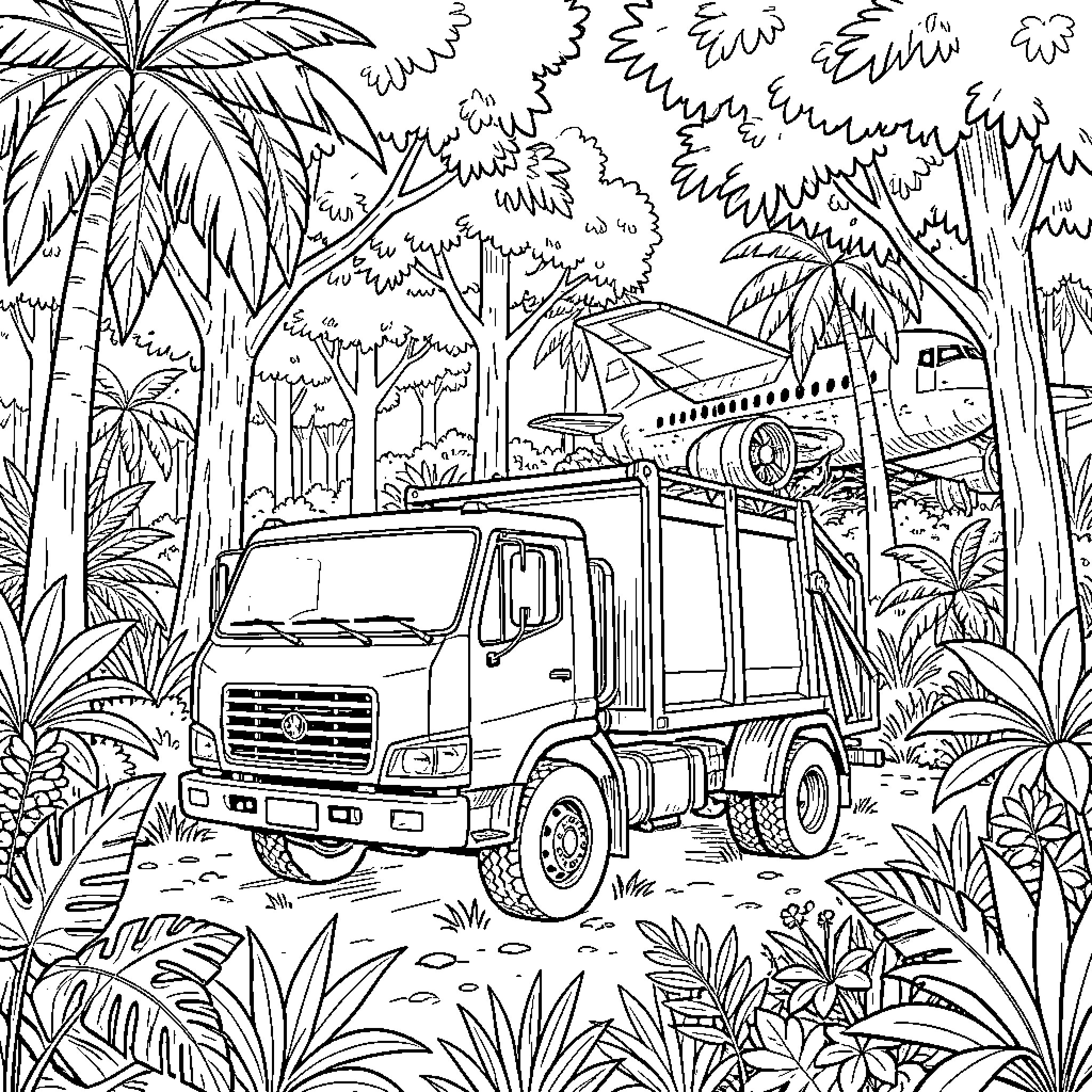 Garbage Truck Navigating Through Lush Jungle Terrain Coloring Page (free black-and-white line drawing printable PDF for all, from beginners to advanced learners, including children, teens, adults, and seniors)